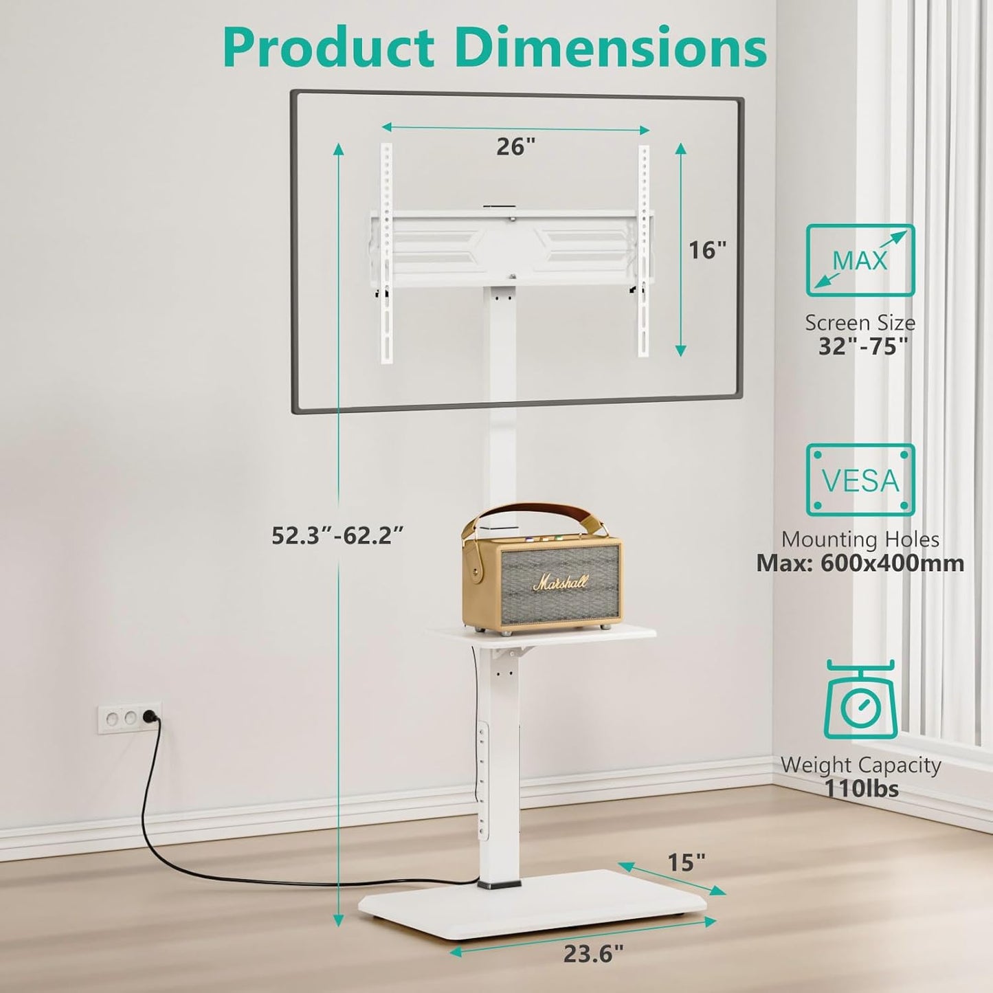 WALI Floor TV Stand with Power Outlet & AV Shelf, Tall TV Stand Mount for 32-75 inch TV up to 110 lbs, Swivel and Height Adjustable TV Stands with Wood Base for Bedroom, Office(TVDVD-6PW), White