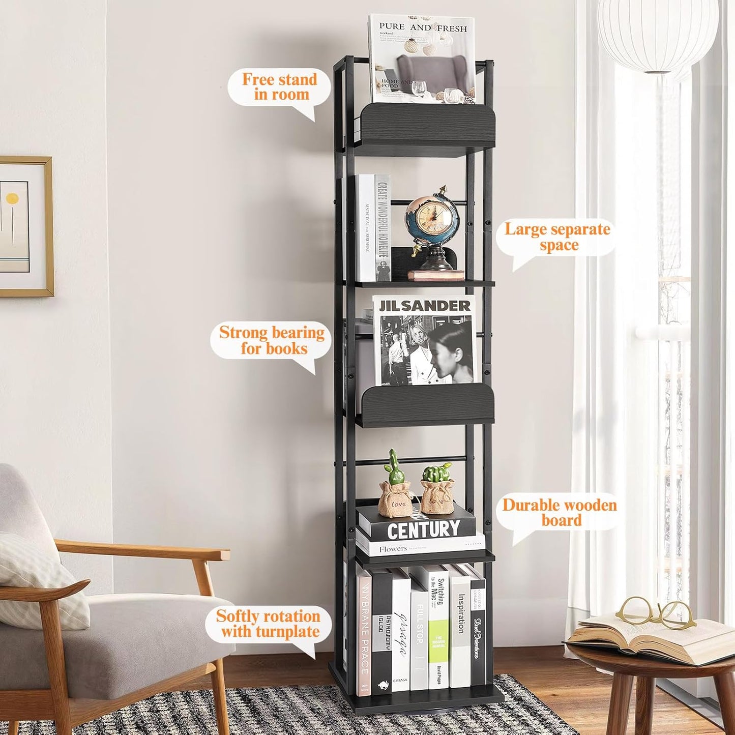 Bikoney Rotating Bookshelf, 5-Tier Bookshelves Tower for Corner, Small Narrow Bookcase, Tall Industrial Bookshelf, Wood and Metal Black