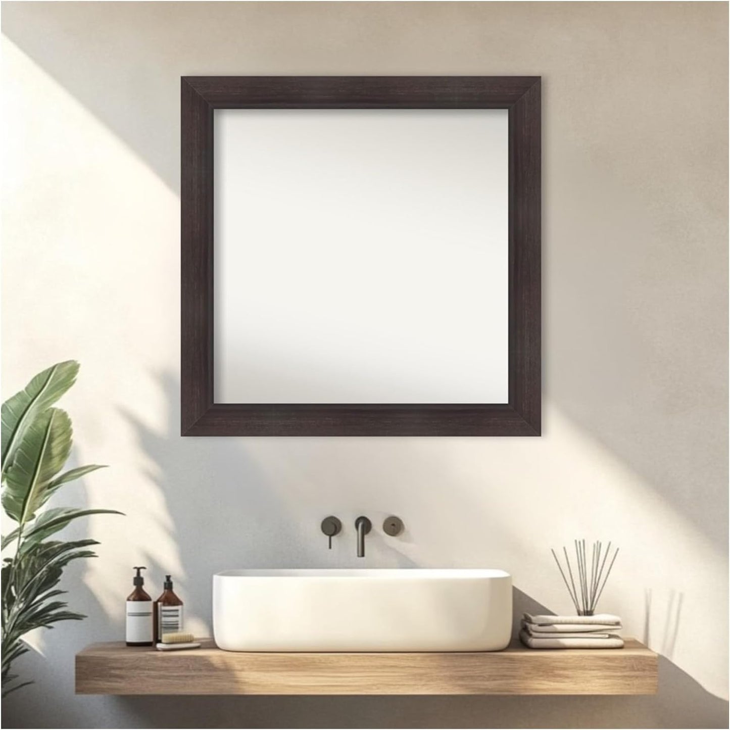 Amanti Art Brown Bathroom Mirror for Over Sink, 32x32 Sloped Espresso Square Vanity Mirror, Large Modern Contemporary Frame, Hangs Horizonally and Vertically, Bathroom Wall Decor, Non-Beveled Edge
