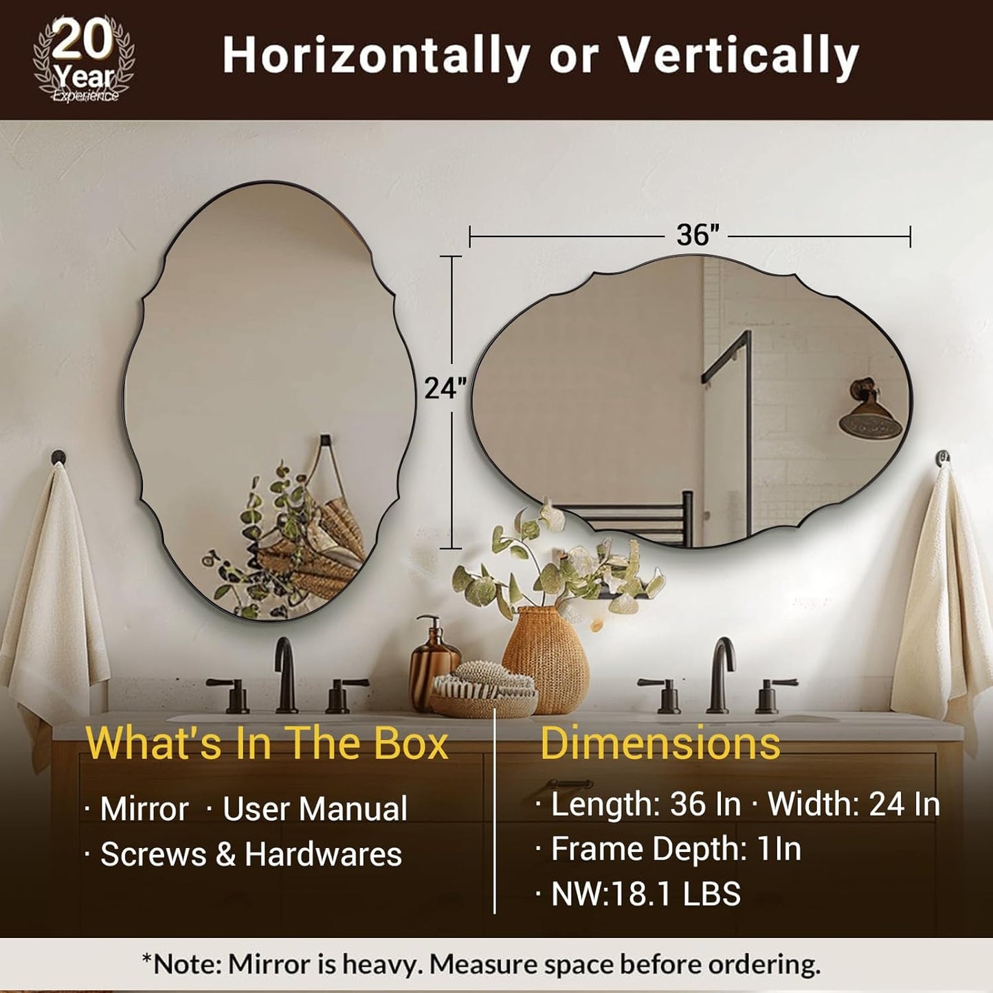 ANDY STAR Scalloped Oval Mirror for Bathroom, 24x36 Inch Matte Black Wall Vanity Mirror for Living Room,Fireplace, Rustproof Stainless Steel Metal Frame, Hang Vertical or Horizontal