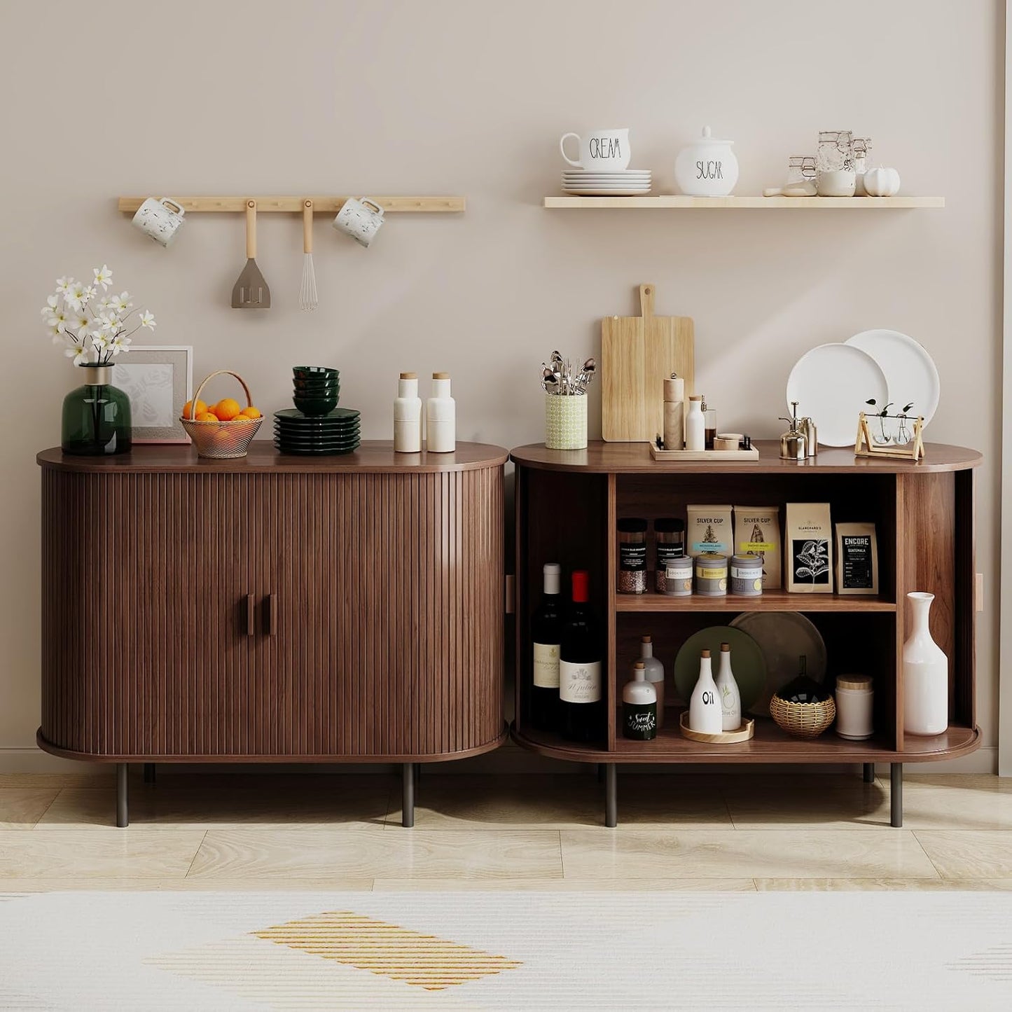 Buffet Sideboard Cabinet with Storage, 40" Fluted Cabinet with Sliding Door & Adjustable Shelf, Modern Accent Coffee Bar Console Table for Kitchen, Entryway, Walnut