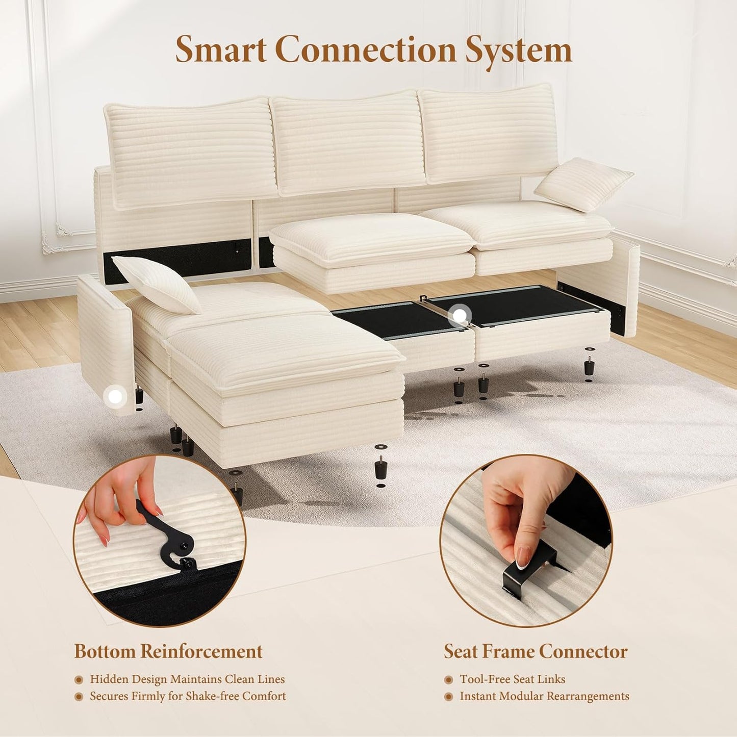 Vesgantti 142" U Shaped Sectional Couch, Comfy Cloud Modular Sectional Sofa with 2 Ottoman Deep Seat Corduroy Modern Cloud Sofa, Modular Sofas for Living Room, Bedroom and Apartment, Beige