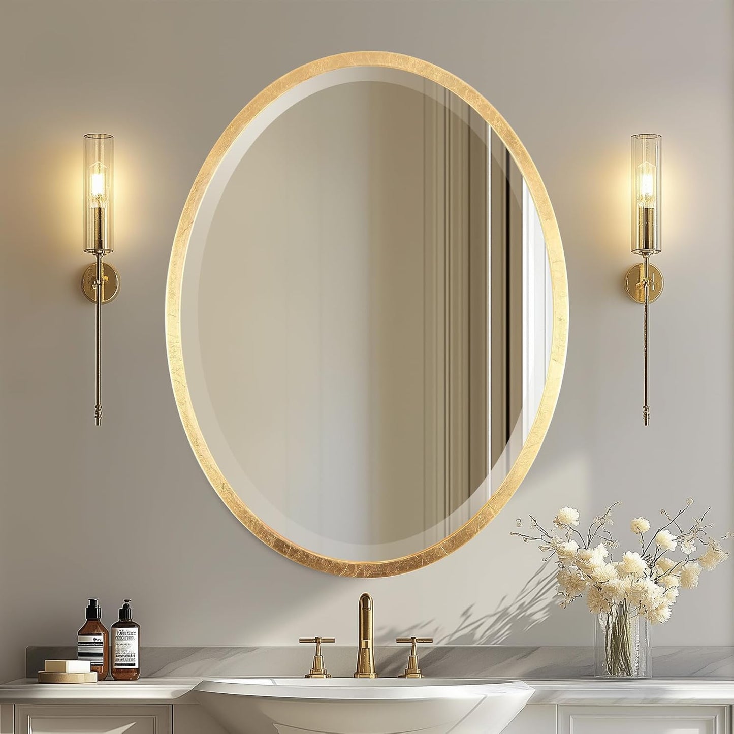 OVALCREST - Oval Wooden Beveled Wall Mirror for Home Decor, Bathroom, Vanity, Bedroom, Living Room, Hallway - London Style (Gold Leaf) 21.1 x 25.1