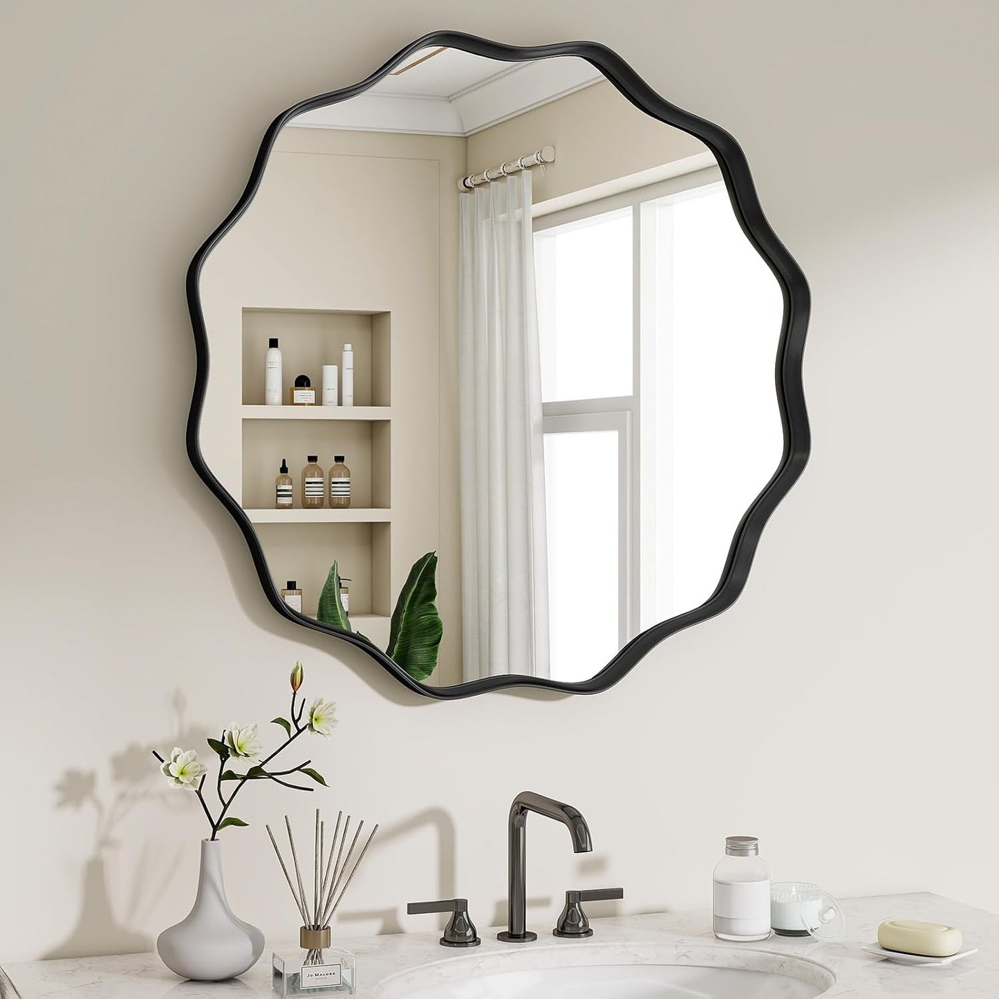 Round Wavy Mirror, 20 Inch Metal Frame Circle Mirror, Round Wall Mounted for Entryway, Bathroom, Vanity, Living Room, Black