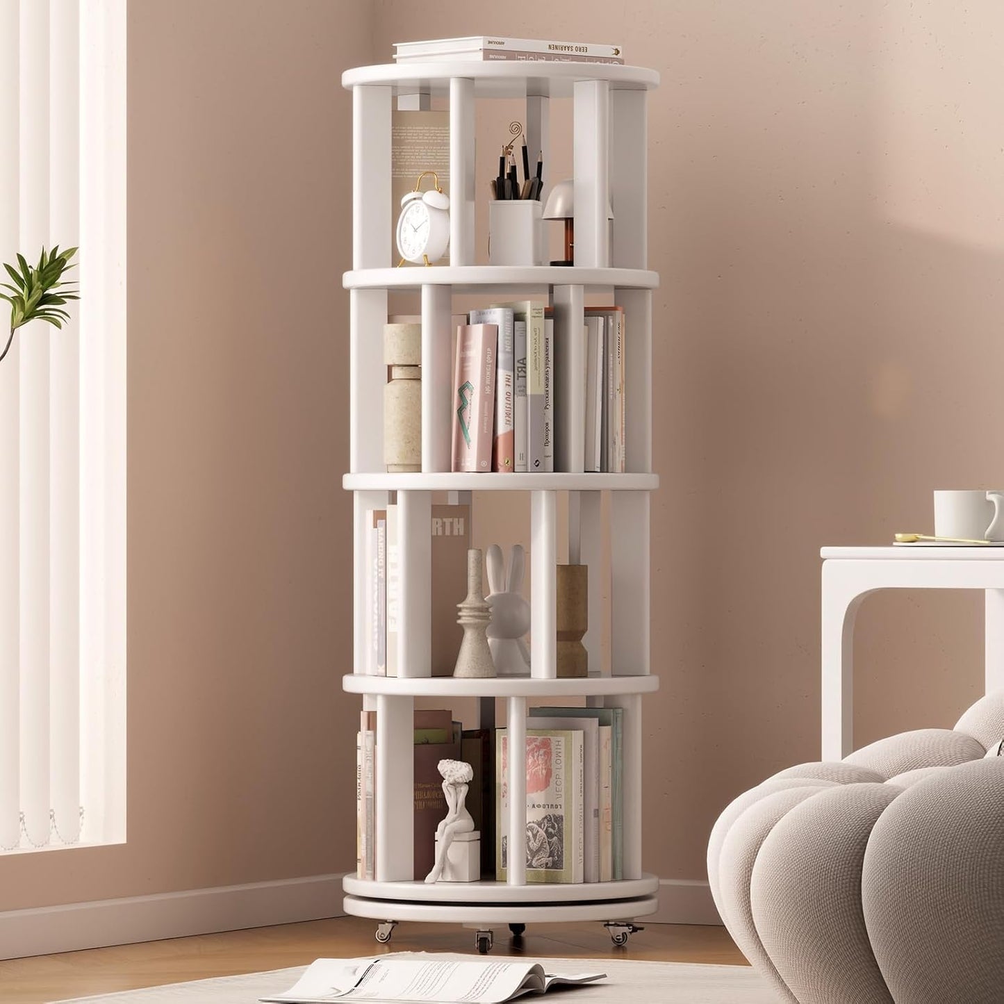 Solid Wood Rotating Bookshelf on Wheels, 4 Tier, Round Revolving Bookcase, 360° Spinning Book Shelf Tower for Kids, Narrow Rolling Bookshelves for Small Space, Corner, Bedroom, Office, White
