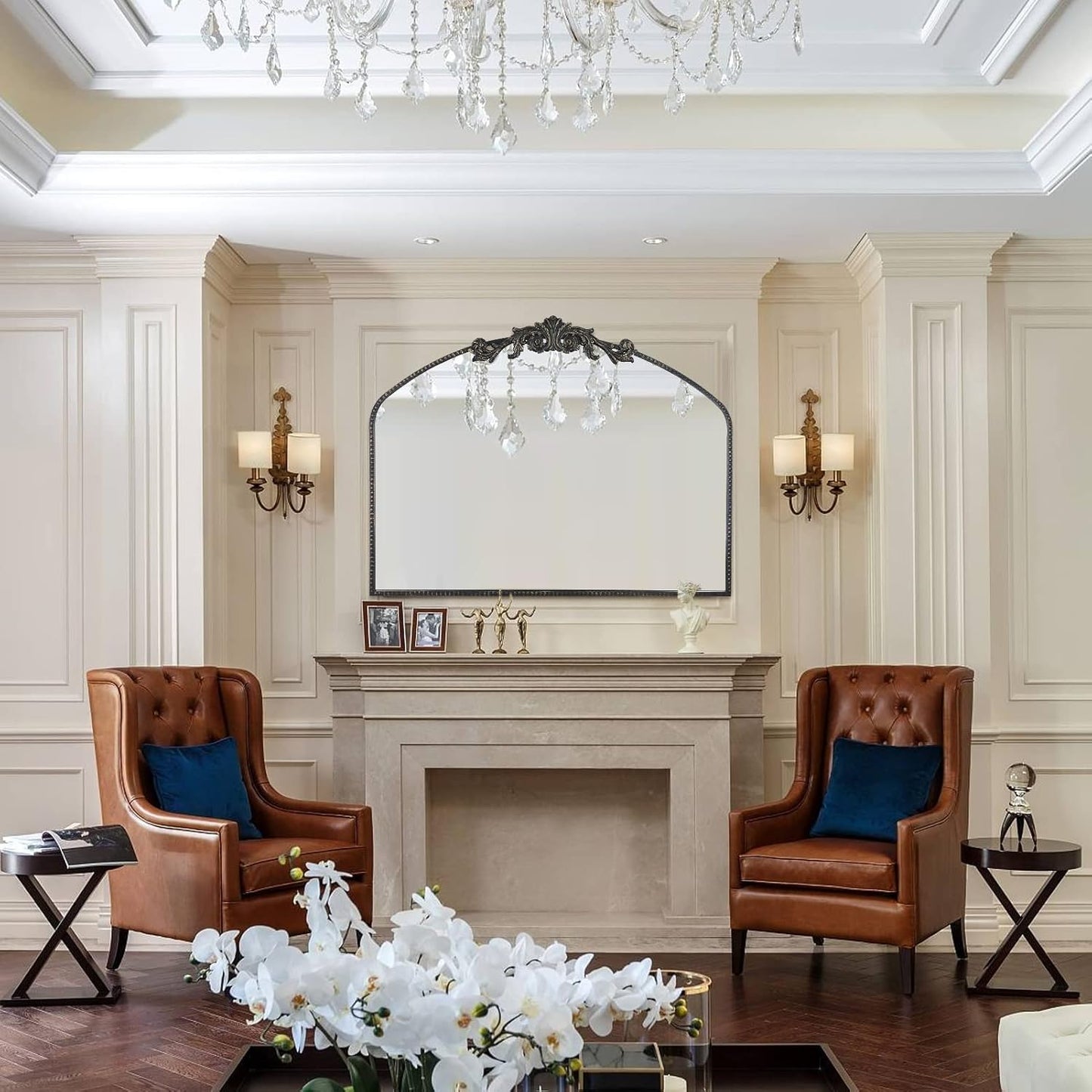 AIXI HOME Vintage Black Arched Mirror 40"X31", Antique Baroque Mantel Wall Mirror with Black Brush Gold Metal Ornate Frame for Entryway/Fireplace/Living Room/Hallway/Bathroom/Bedroom