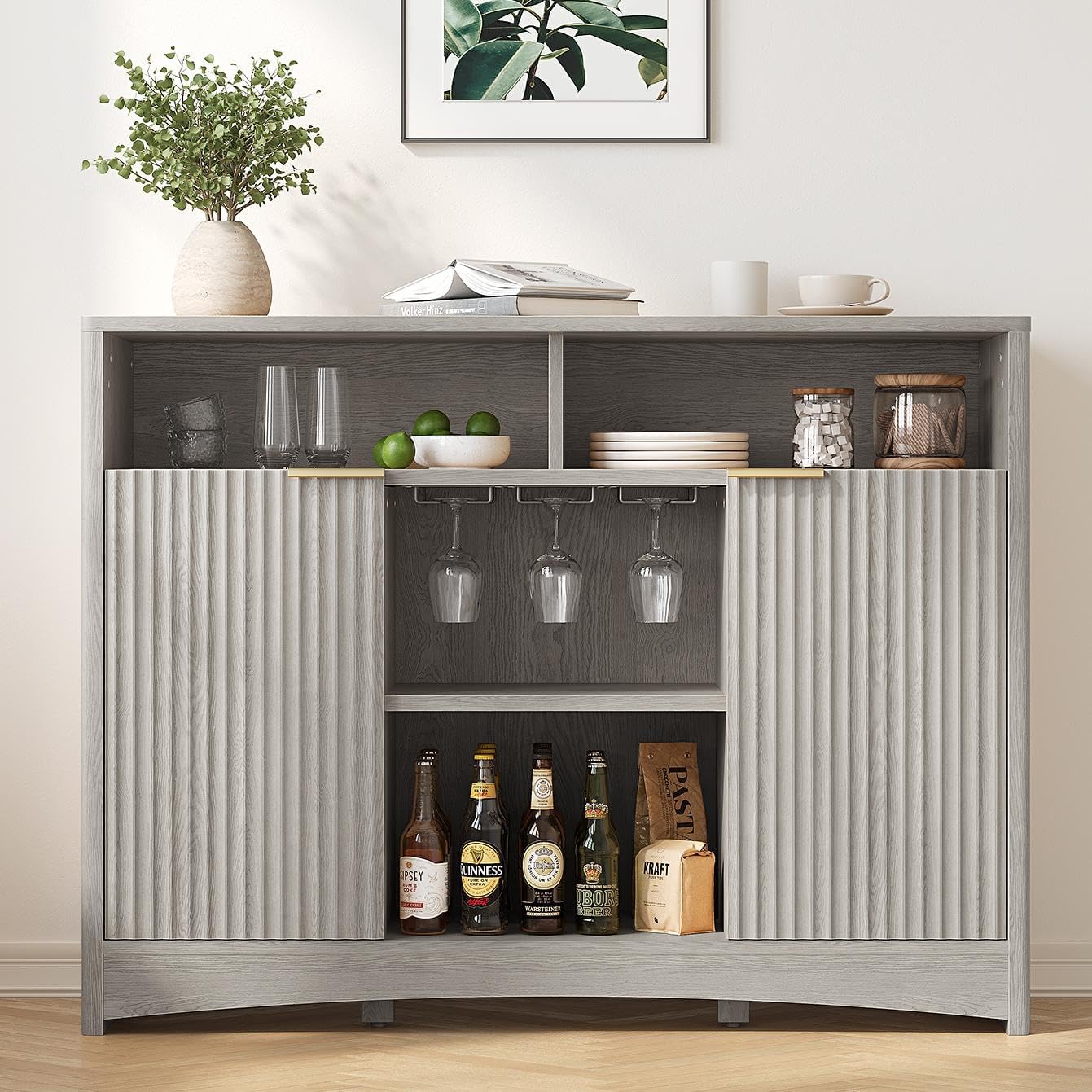 Marsail 47.2" Bar Cabinets with Storage, Modern Buffet Cabinet, Large Sideboard with 2 Fluted Panel Doors, Coffee Bar Cabinet with Adjustable Shelf and Glass Rack for Kitchen, Living Room, Grey