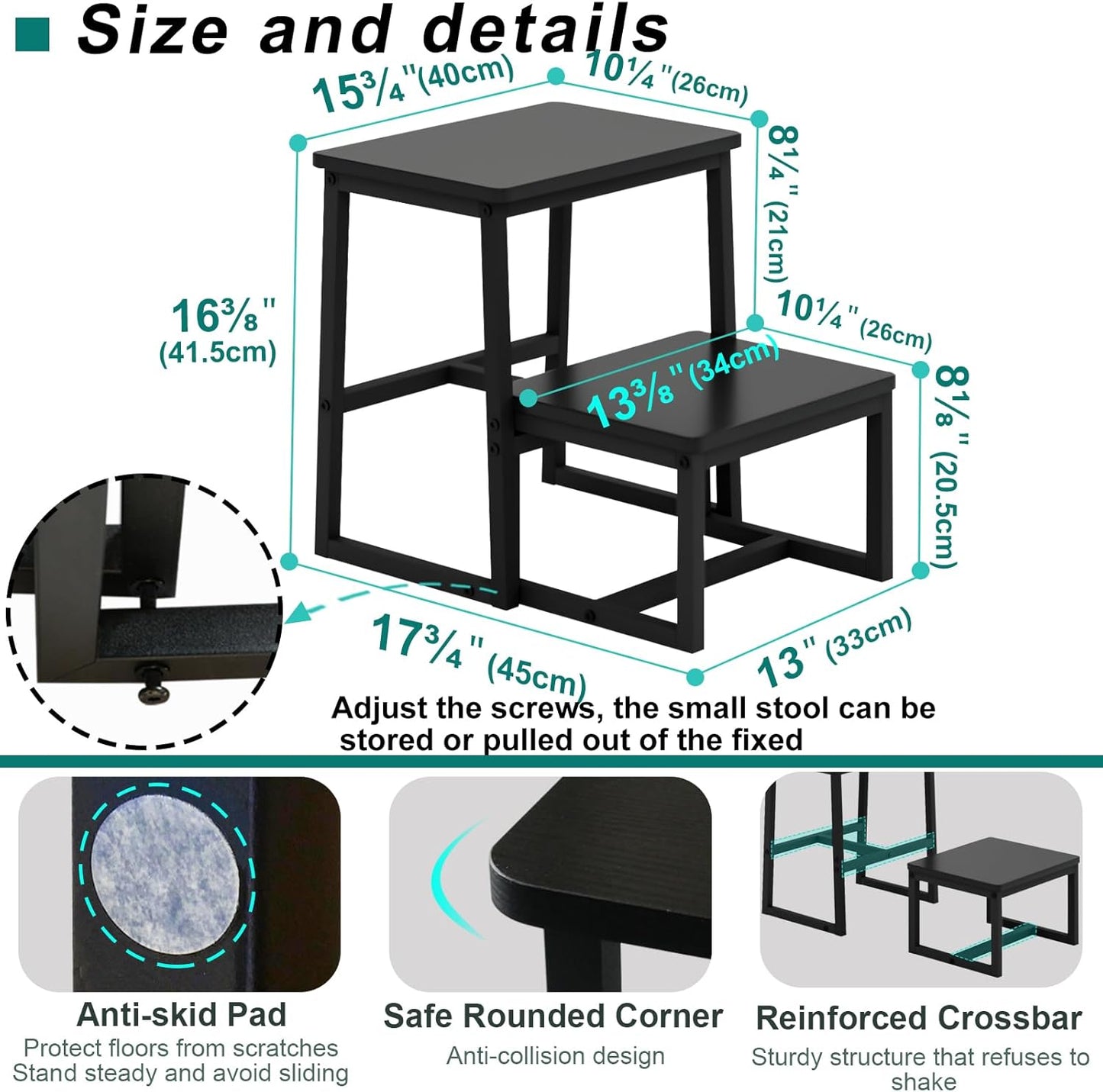 Step Stool for Adults,Holds up to 500Lb,3 in1 Heavy Duty Sturdy Two Step Stool for Kichen/Bathroom/High beds, Wooden&Metal Frame, Non-Slip Pads