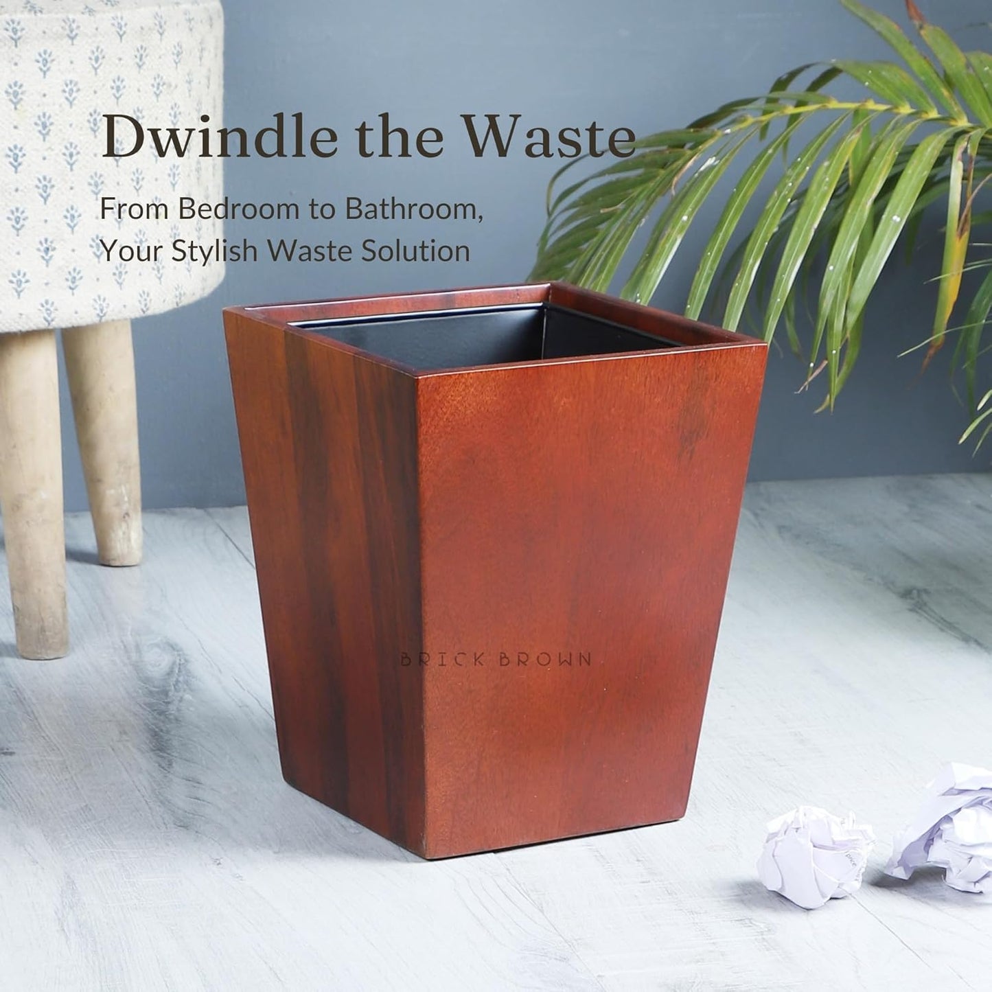 Premium Solid Wood Trashbin Multipurpose Furniture Basket for Home Living Room Office | Dustbin with Removal Metal Inner Liner from Mahogany Collection (Dwindle, 8x8x9.8 Inch)