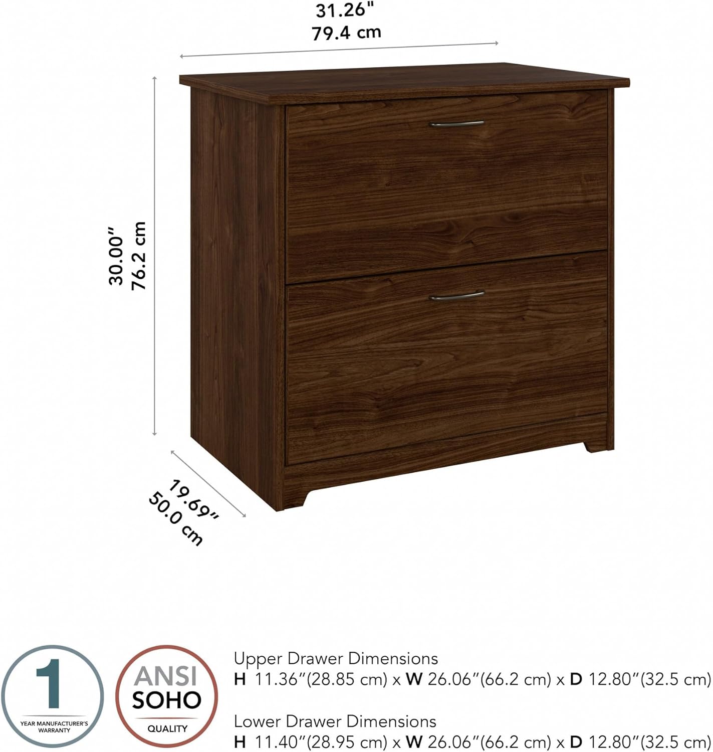 Bush Furniture Cabot 2 Drawer Lateral File Cabinet in Modern Walnut, Home Office Chest for Letter, Legal, and A4-size Document Storage