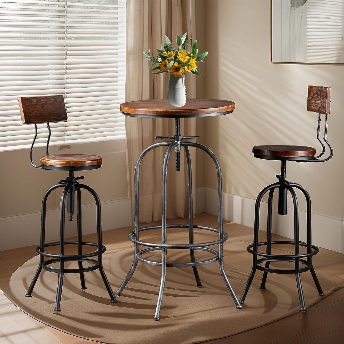 Rustic Bar Table Vintage Bistro Table Industrial Pub Table for Kitchen Coffee House Office Computer Desk Swivel Round Wooden Top 37.4-45.3inch Height Adjustable