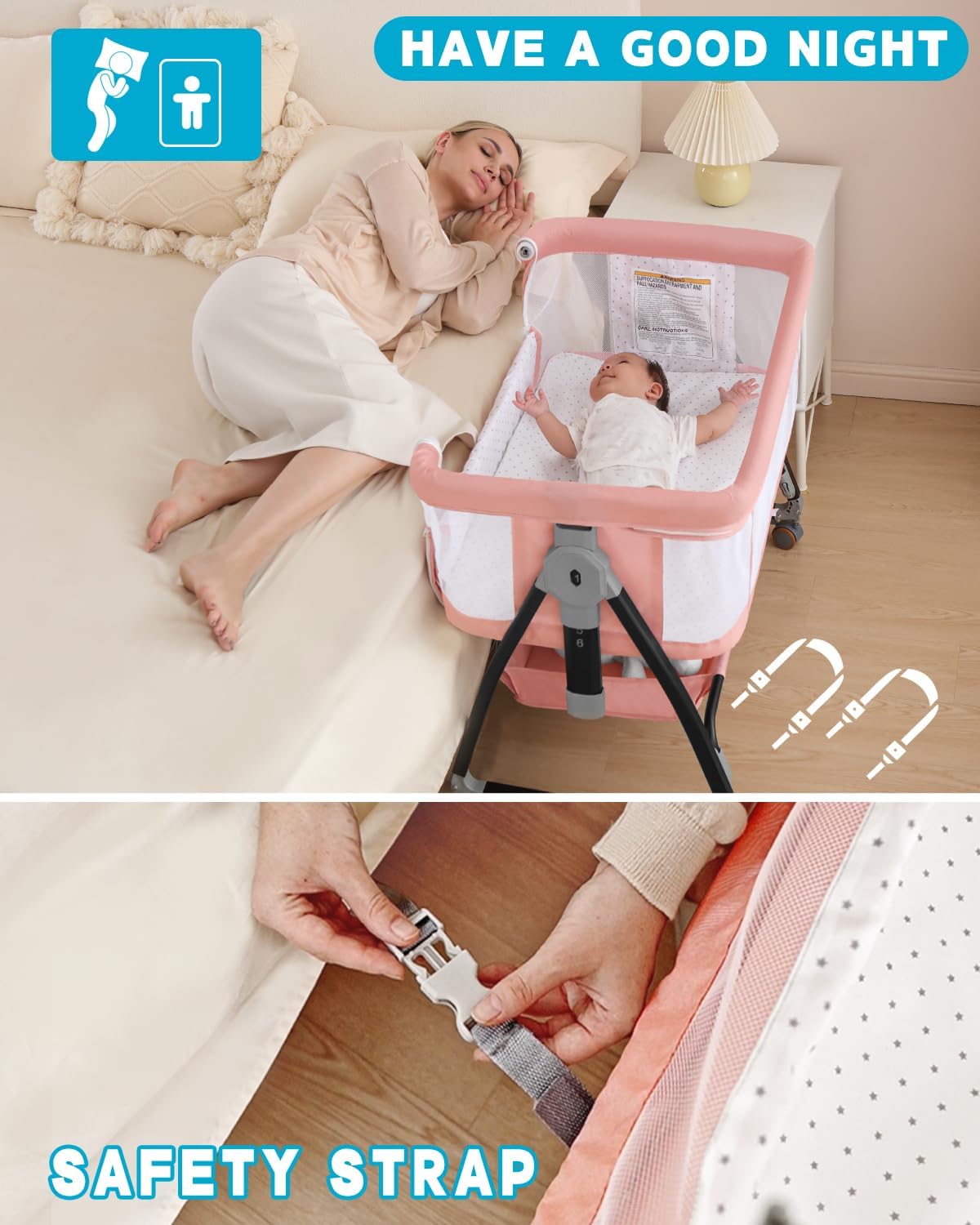 Bedside Bassinet for Baby, 3 in 1 Breathable Mesh Baby Bassinet, 6 Height Adjustable, Easy to Fold, Bassinet Bedside Sleeper with Wheels, Mosquito Net, Storage Basket, Rocking Bassinet for Baby, Pink