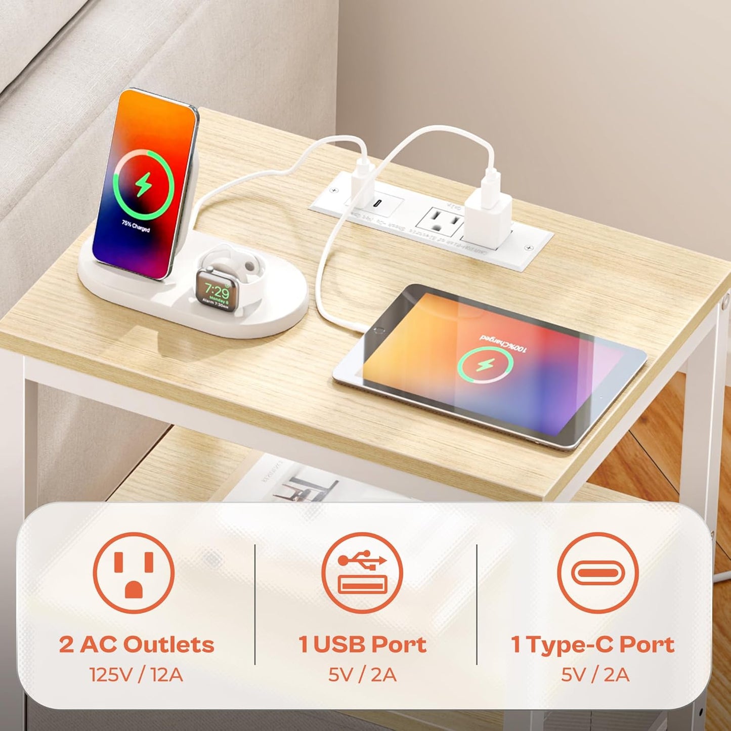 SUPERJARE Nightstand with Charging Station, Bed Side Table with Adjustable Fabric Drawer, Night Stand for Bedroom, 3-Tier Storage End Table, for Living Room, White Maple