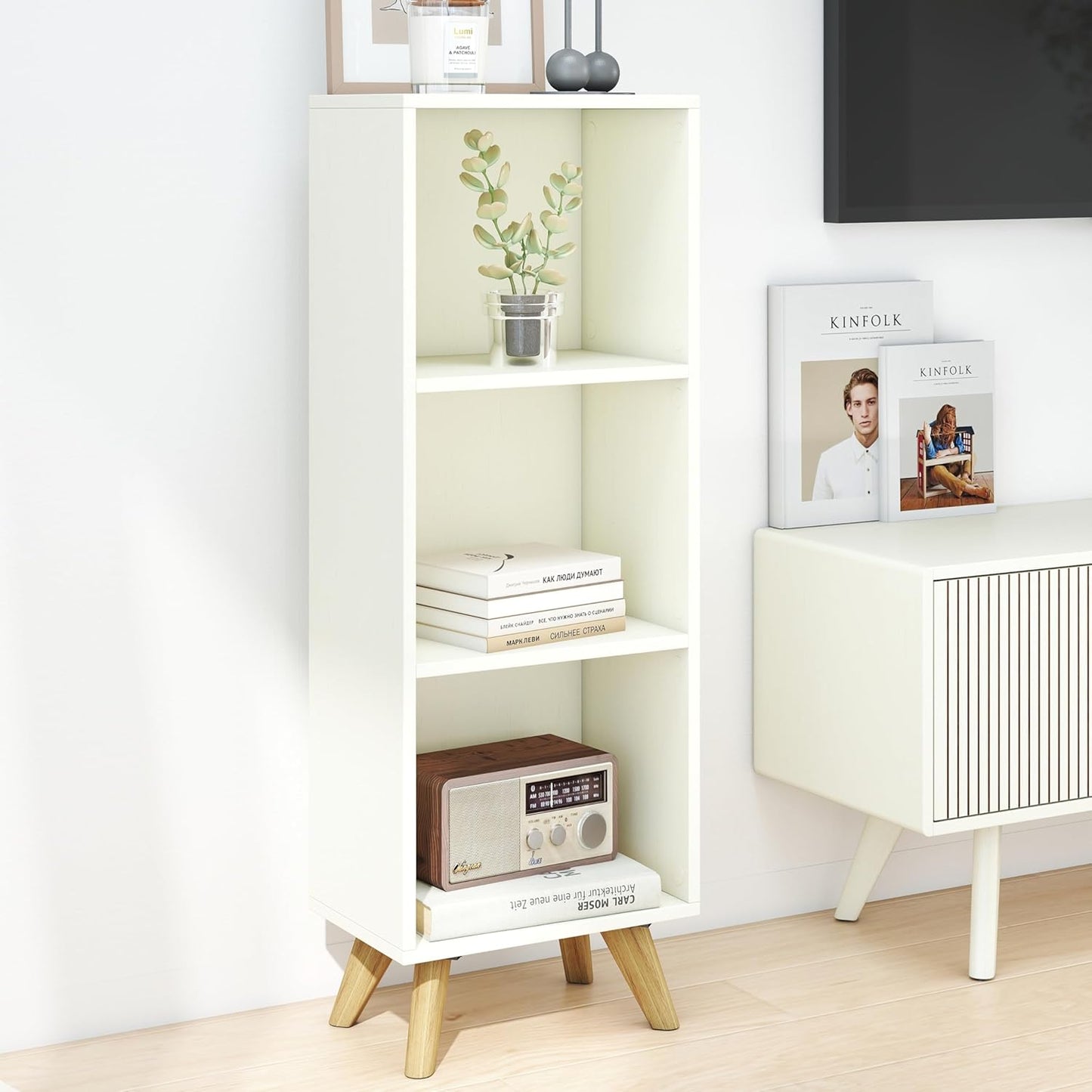Manora Small Bookcase with 3 Open Shelves, Modern White Bookshelf with Wooden Legs, Narrow Storage Organizer for Living Room, Bedroom, Office