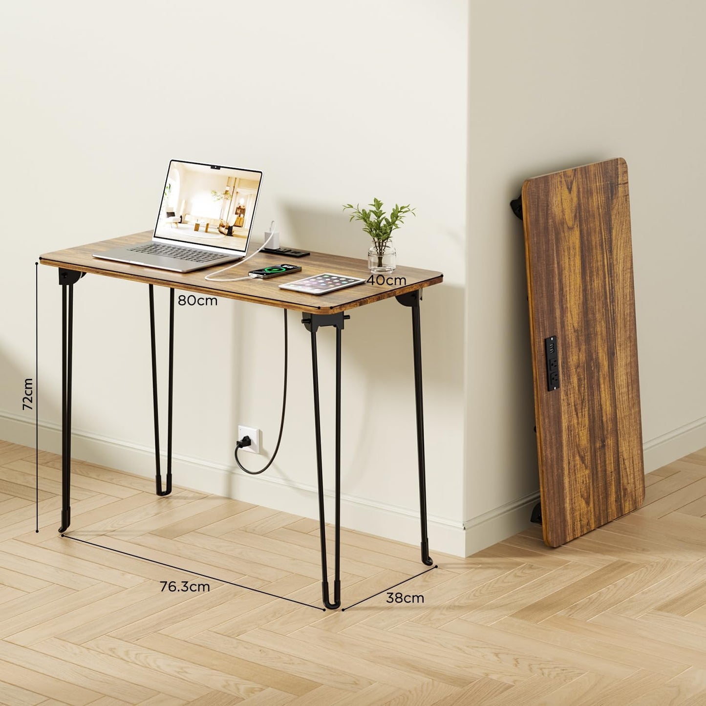 Folding Desk, 31.5" Hairpin Legs Small Desk with Power Strip for Bedroom, Space Saving Foldable Computer Desk for Home Office, No Assembly Need,Brown