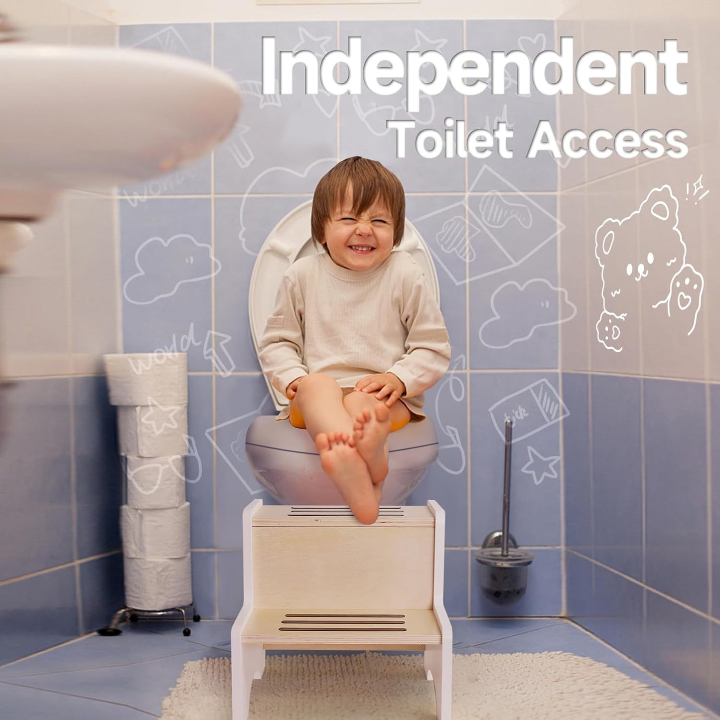 WOOD CITY Kids Step Stool for Toddler, Wooden White-Natural Patchwork Two Step Children's Stool with Handles, Bonus Non-Slip Pads for Safety, Bathroom Potty Stool & Kitchen Step Stools Dual Height