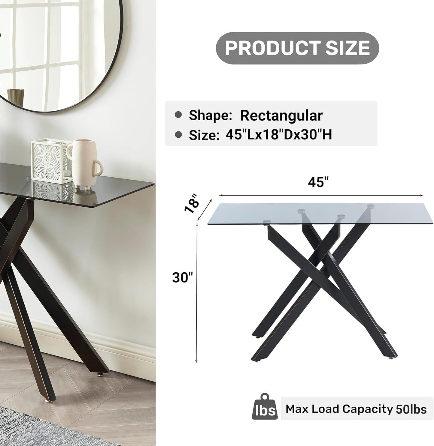 Modern Style Console Table Narrow Sofa Table with Grey Tempered Glass Top and Black Metal Tubular Legs with Gold Rim, 45”Lx18”Wx30”H