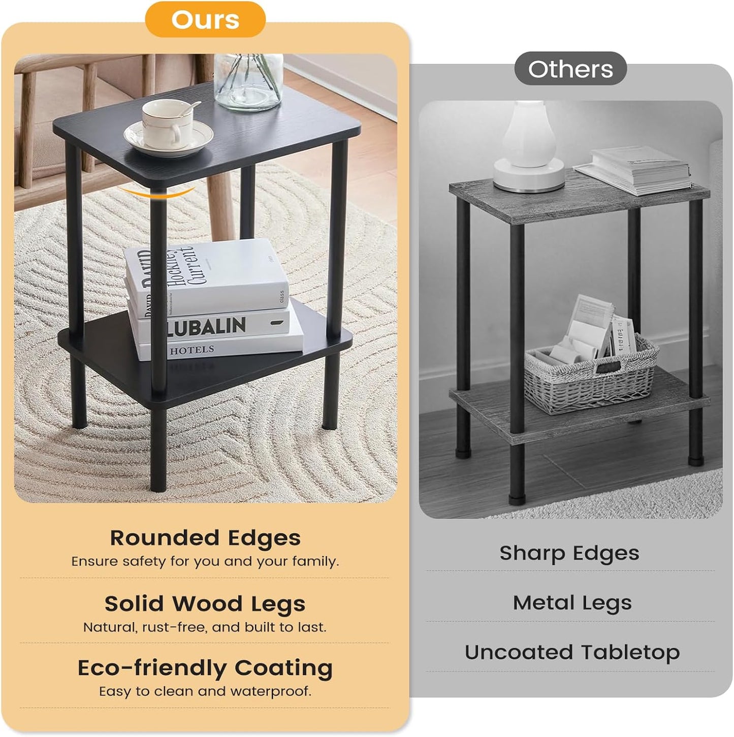 Apicizon 2 Tier End Table, Small Side Table with Solid Wood Legs, Boho Bedside Table with Storage Shelf, Nightstand for Small Spaces, Bedroom, Living Room, Entryway, Farmhouse, Easy Assembly, Black