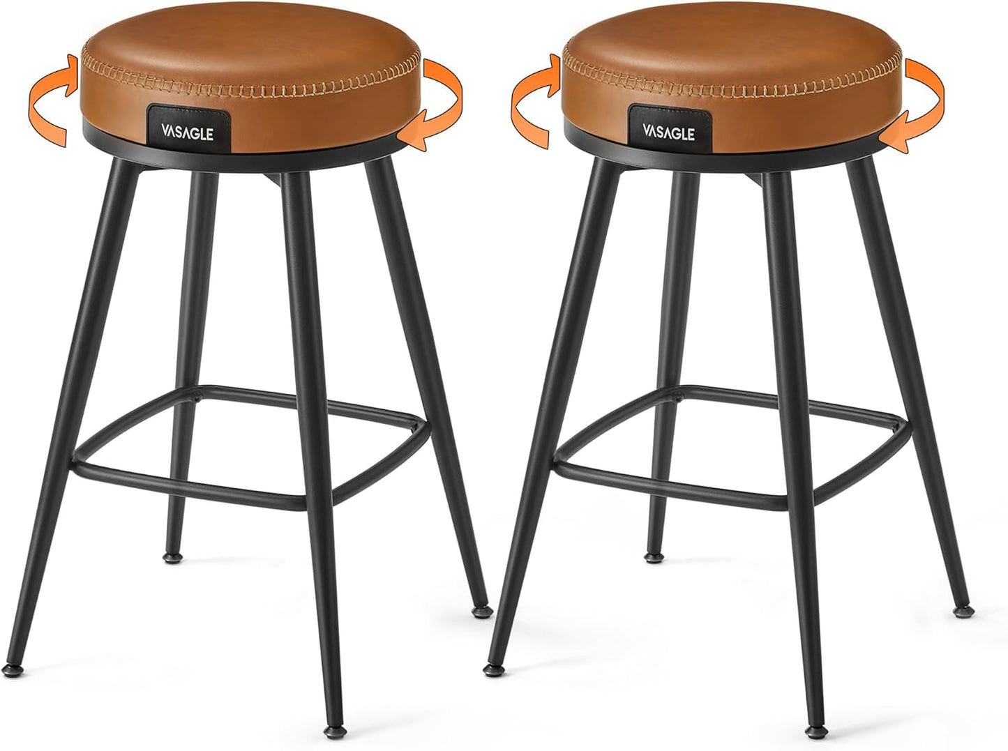 VASAGLE EKHO Collection - Swivel Bar Stools Set of 2, Counter Height Backless Bar Stools, Synthetic Leather with Stitching, Mid-Century Modern, 25.6-Inch Tall Kitchen Barstools for Home, Caramel Brown