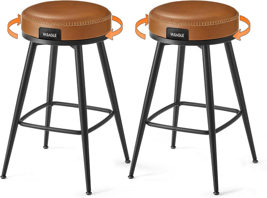VASAGLE EKHO Collection - Swivel Bar Stools Set of 2, Counter Height Backless Bar Stools, Synthetic Leather with Stitching, Mid-Century Modern, 25.6-Inch Tall Kitchen Barstools for Home, Caramel Brown