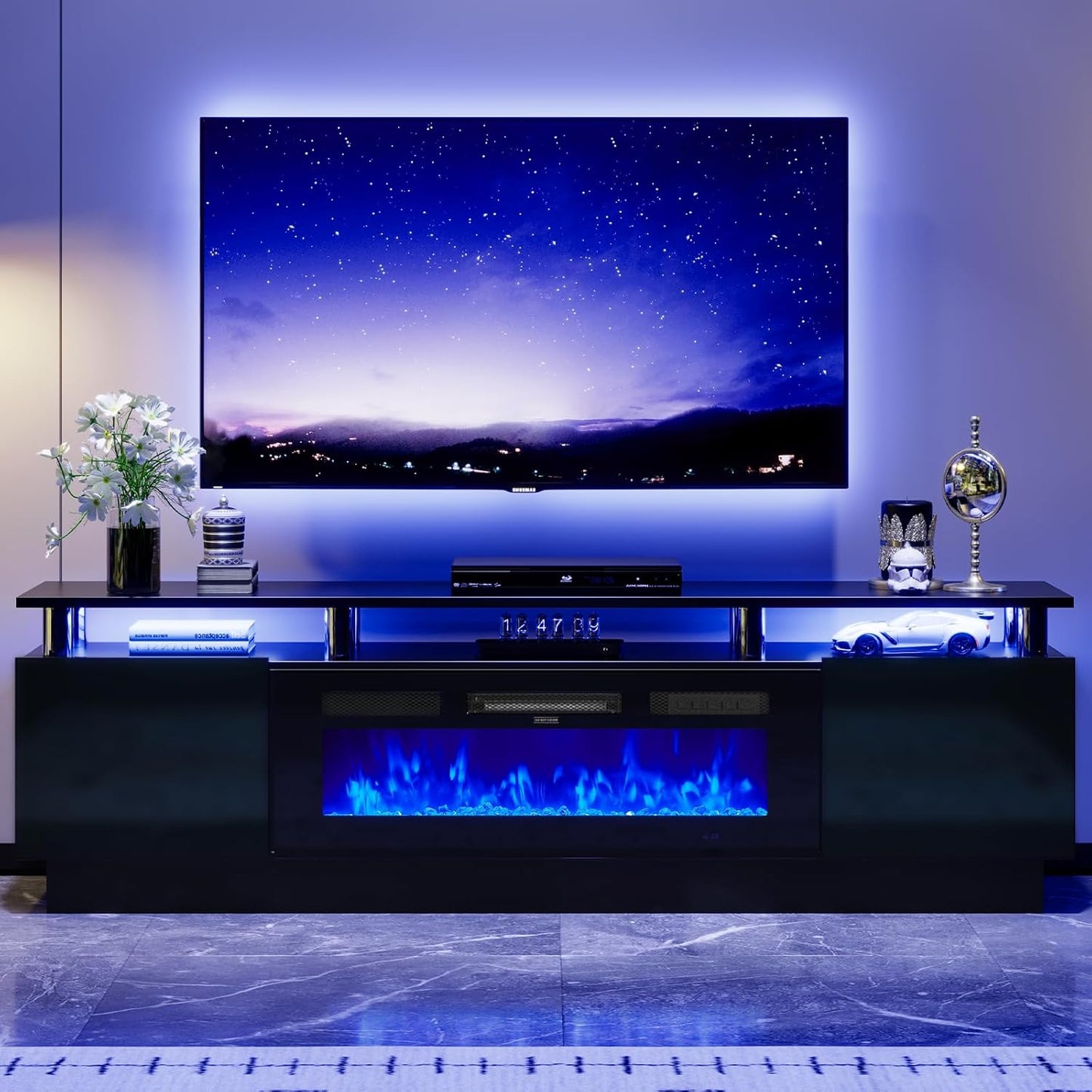 70" TV Stand for Living Room, Modern Entertainment Center & Media Console, Fits TVs up to 80", Storage Cabinet with Shelves, 36" Electric Fireplace with LED Flame (All Black)