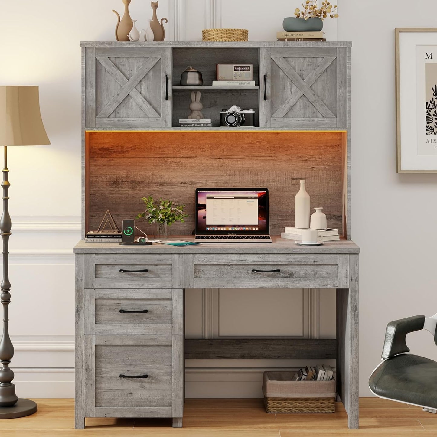 Farmhouse 67" H Executive Desk with Hutch,Office Desk with 4 Drawers and LED Light, Computer Table with Storage Cabinet & File Drawers and Charging Station, Wood Workstation for Home Office and Study