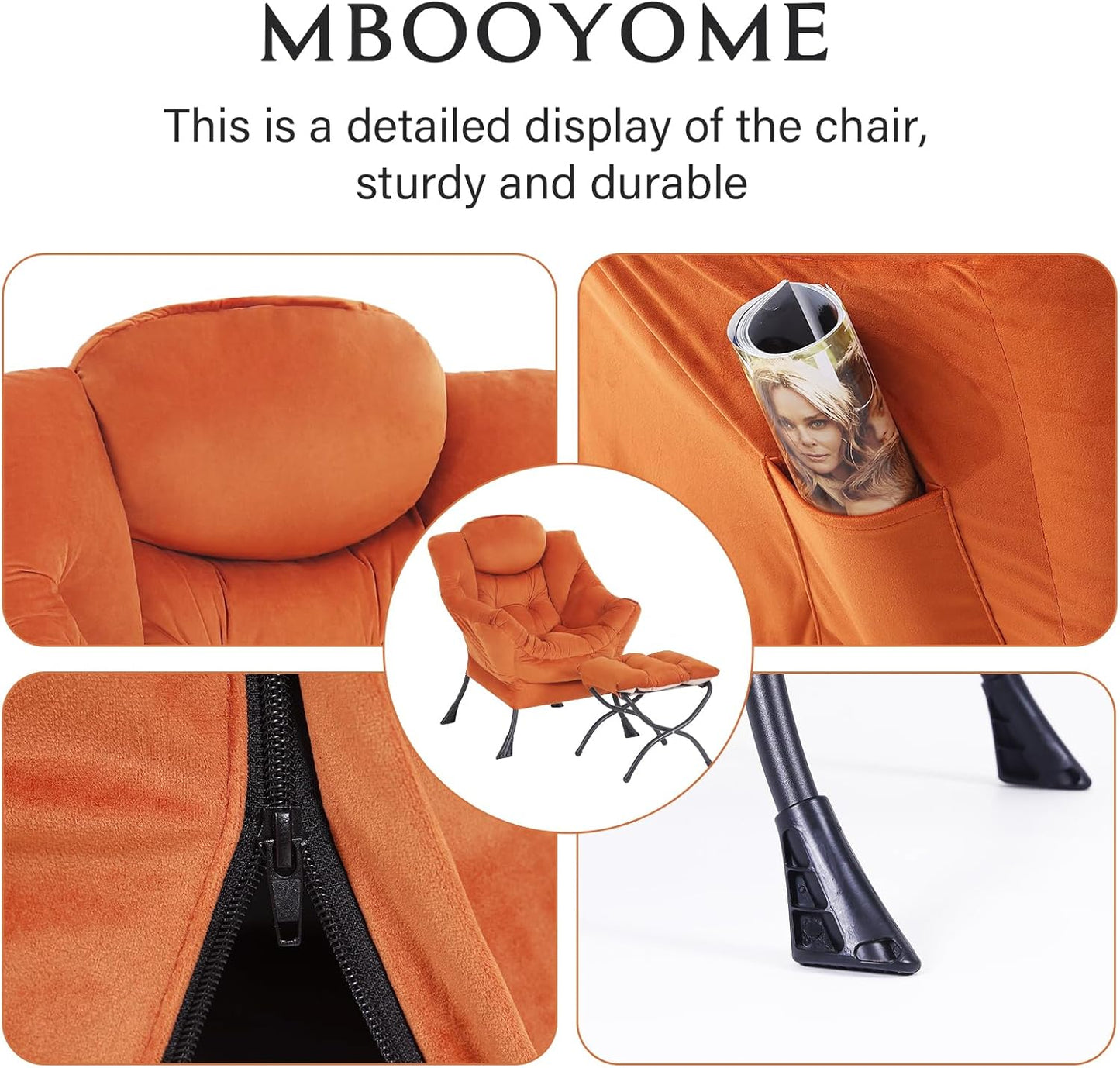 Lazy Chair with Folding Ottoman, Modern Accent Lounge Armchair with Armrests, a Side Pocket & Foldable Footstool, Leisure Reading Chair for Living Room, Bedroom, Dorm & Office, Velvet Orange
