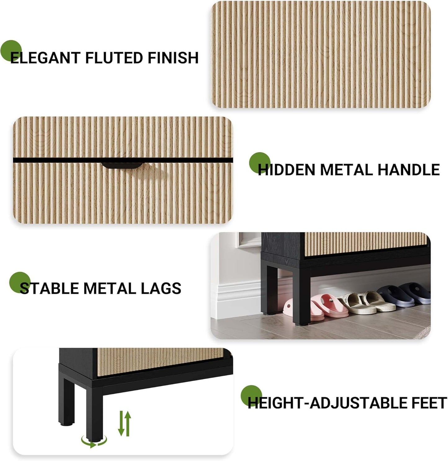 GarveeHome Shoe Storage Cabinet with 4 Flip Drawers, Farmhouse Fluted Shoe Organizer with Metal Legs, Freestanding Hidden Slim Narrow Shoe Rack for Entryway, Foyer, Hallway