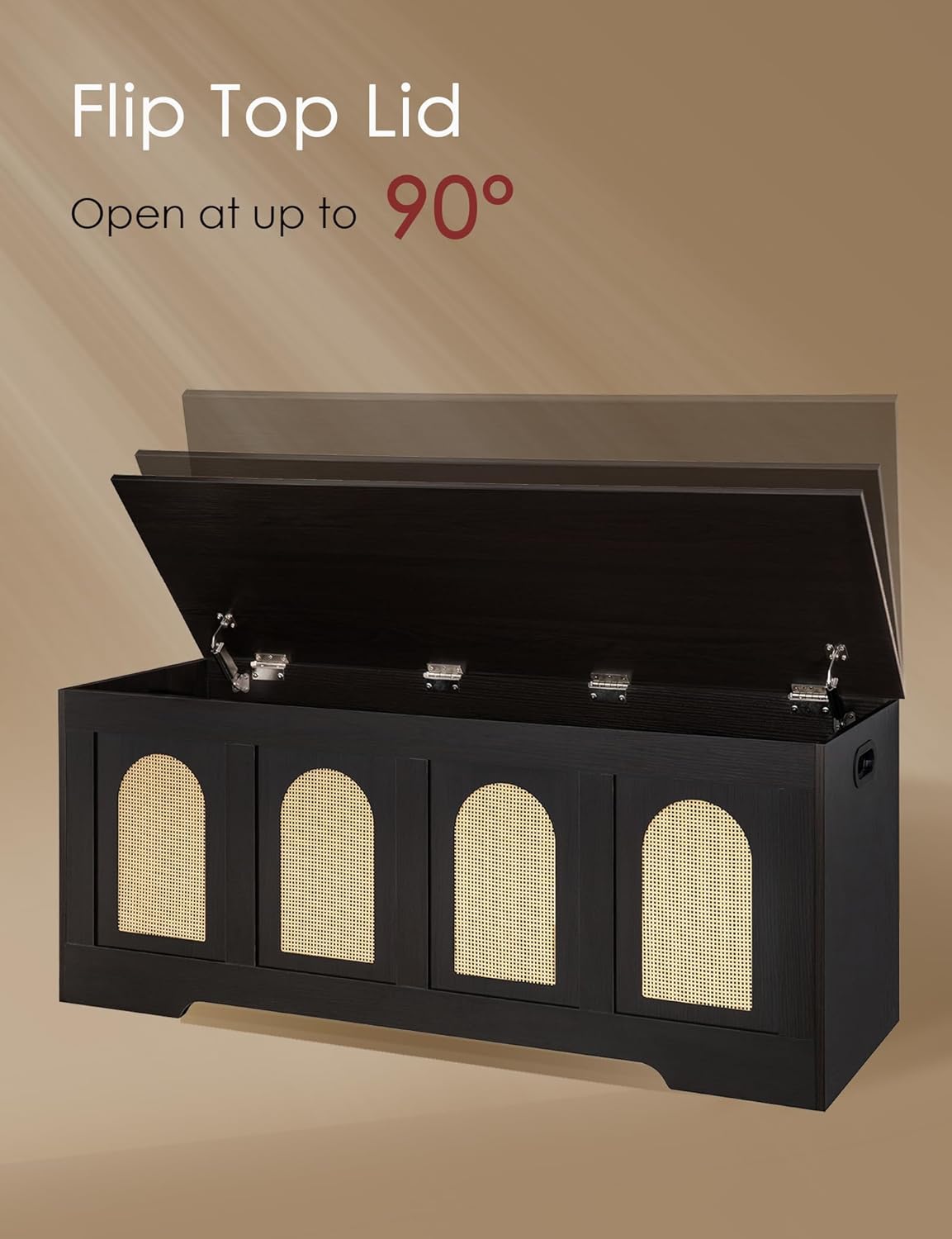 DINZI LVJ Storage Chest, 47.2" Rattan-Like Toy Box with 2 Safety Hinges, Wooden Entryway Storage Bench with Flip-Top, Large Trunk for Living Room, Bedroom, Easy Assembly, Espresso and Natural