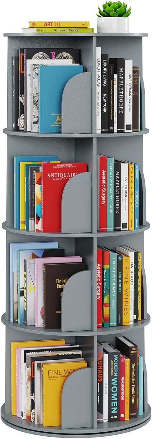 SpaceAid 4 Tier Rotating Bookshelf Tower, Spinning Bookcase Lazy Susan, Revolving 360 Book Shelf Storage Round Carousel, Vertical Rotate Turning Spiral Corner Organizer, Gray