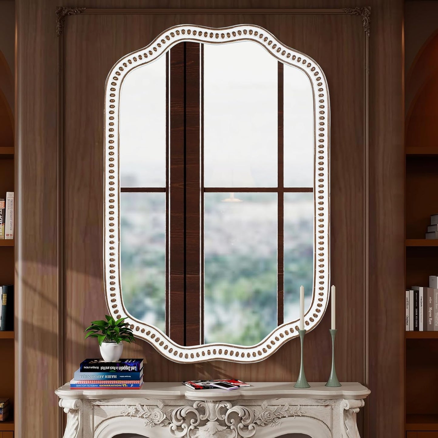 24x36 Inch Wooden Scalloped Farmhouse Mirror for Wall Decor, Rustic Decorative Mirrors for Living Room, Bedroom, Entryway, Bathroom Over Sink - Horizontal/Vertical Mount