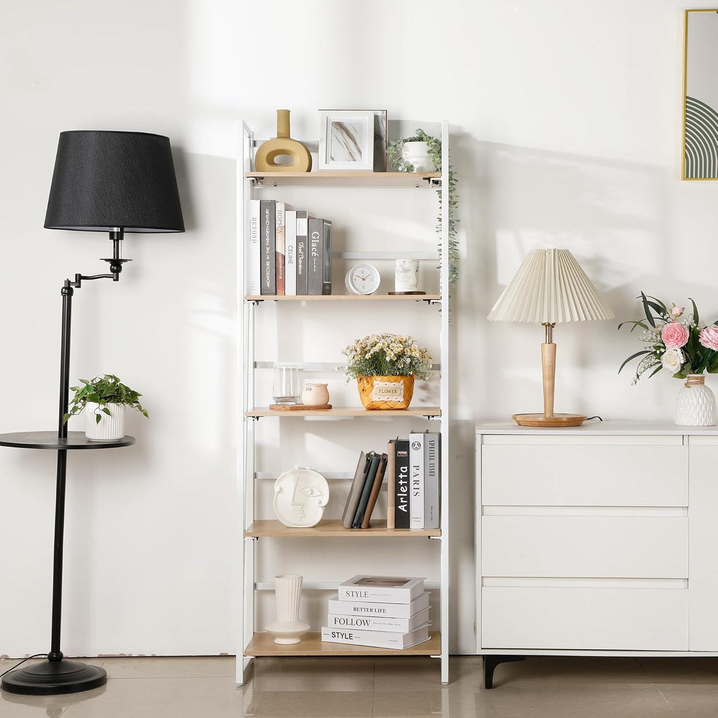 Rengue No-Assembly Folding Bookshelf Storage Shelves 5 Tiers Foldable Vintage Multifunctional Plant Flower Stand Storage Rack Shelves Bookcase for Home Office, White