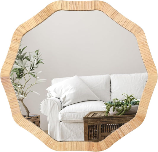 ULIKE Rattan Mirror for Wall, Bathroom 24 Inch Rustic Farmhouse Wall Decor with Handmade Wicker Frame, Boho Woven Mirror for Nursery Bedroom Living Room Entryway