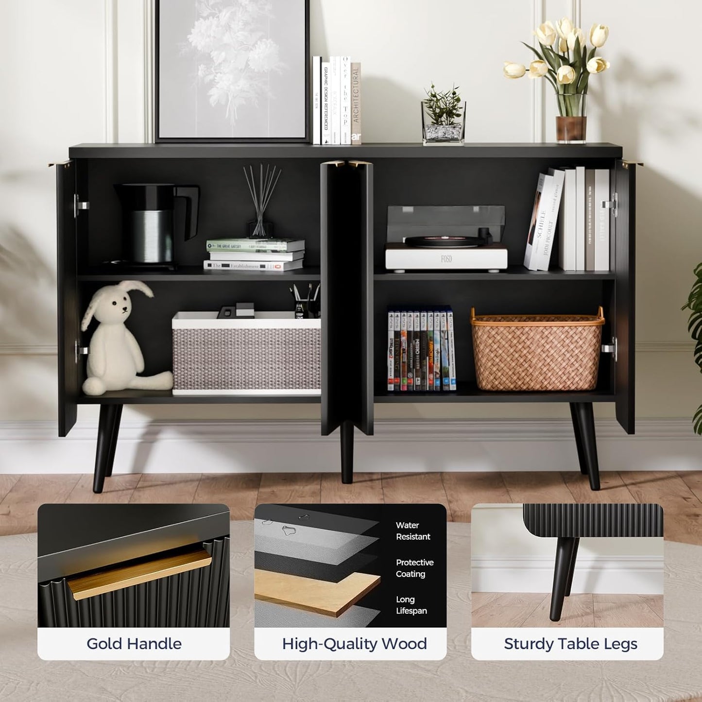 47.2" Buffet Cabinet with 4 Doors, Accent Sideboard Cabinet with Adjustable Shelf, Dining Room Sideboard with Waveform Panel, Credenzas for Living Room, Hallway, Black