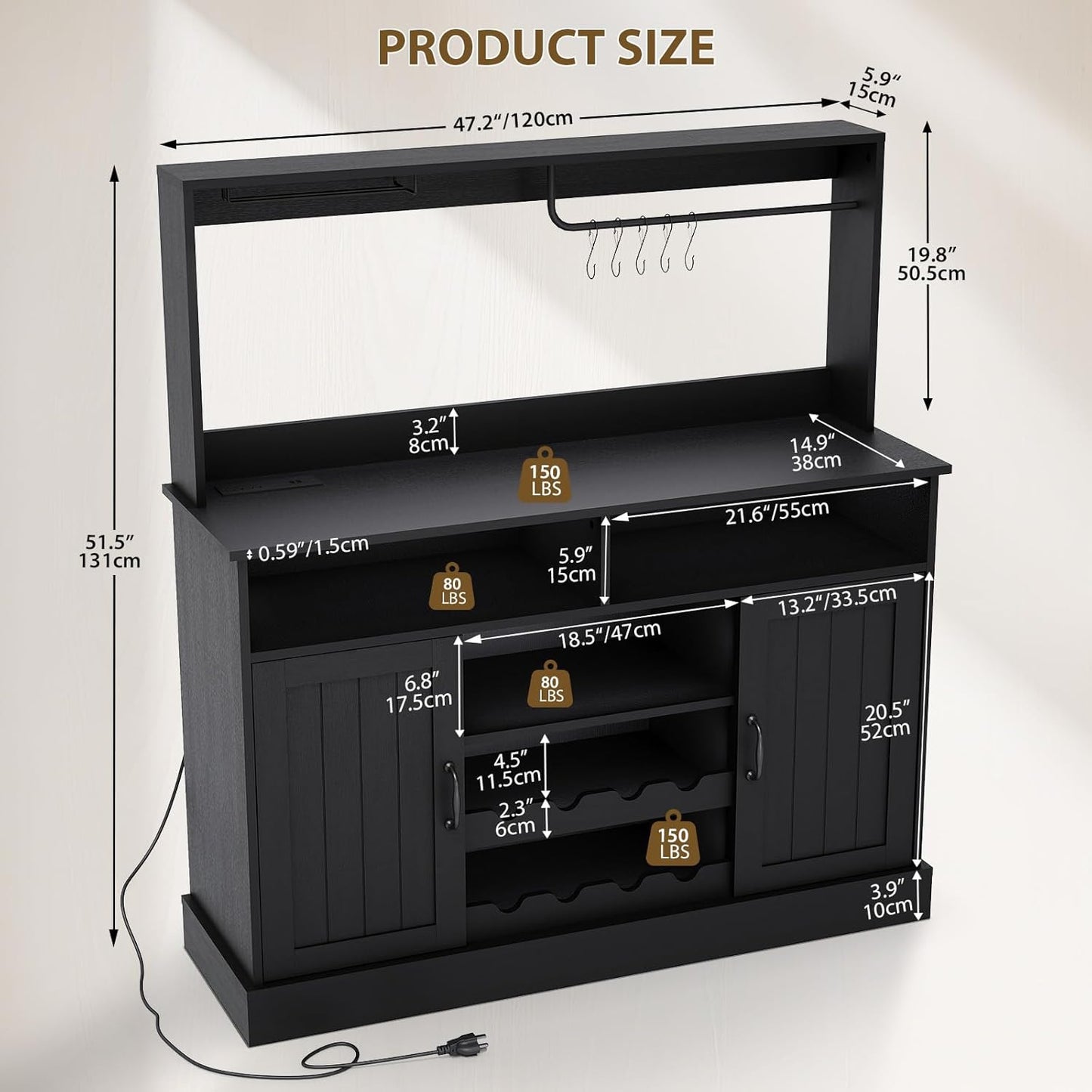 47" Farmhouse Buffet Sideboard Cabinet with Power Outlets Coffee Bar Cabinet with Storage, Large Buffet Storage Cabinet Table with Wine Racks, Goblet Holder, Hooks for Kitchen, Dining Room, Black