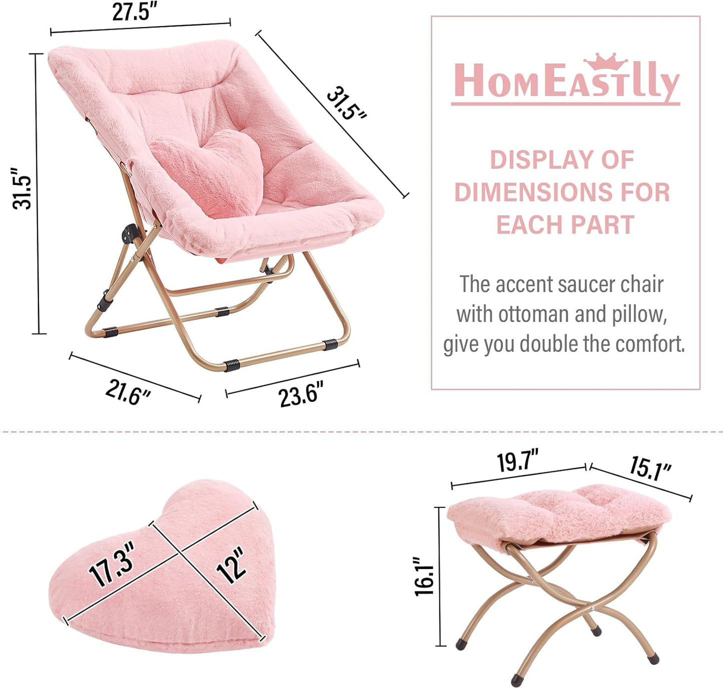 Comfy Saucer Chair with Ottoman, Oversized Folding Faux Fur Chair Soft Furry Lounge Lazy Chair with Metal Frame Moon Chair Accent Chair for Bedroom, Living Room, Dorm Rooms