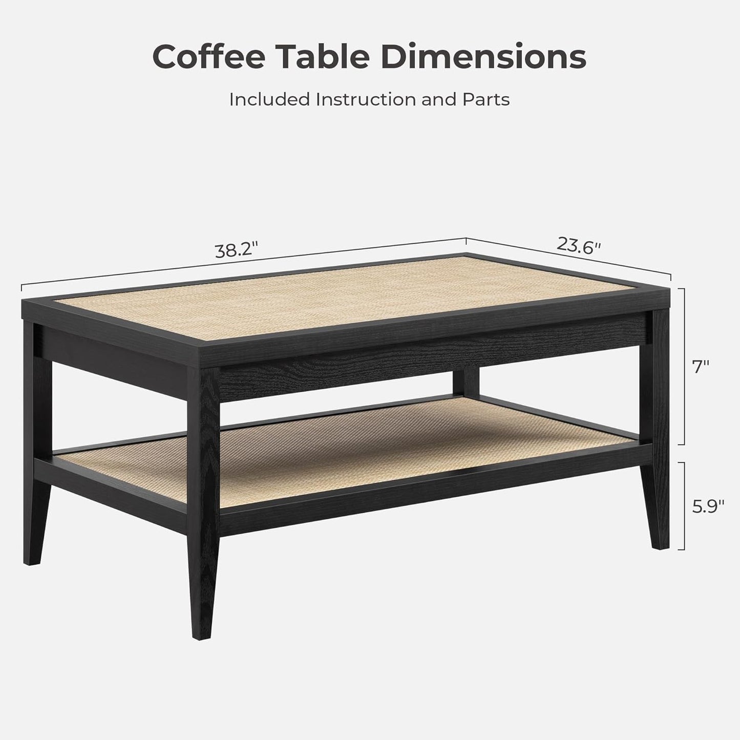 SICOTAS Rectangle Coffee Table for Living Room, Farmhouse Boho Center Table with 2-Tier Rattan Storage Shelves, Sofa Side Accent Table for Small Space, Black Oak