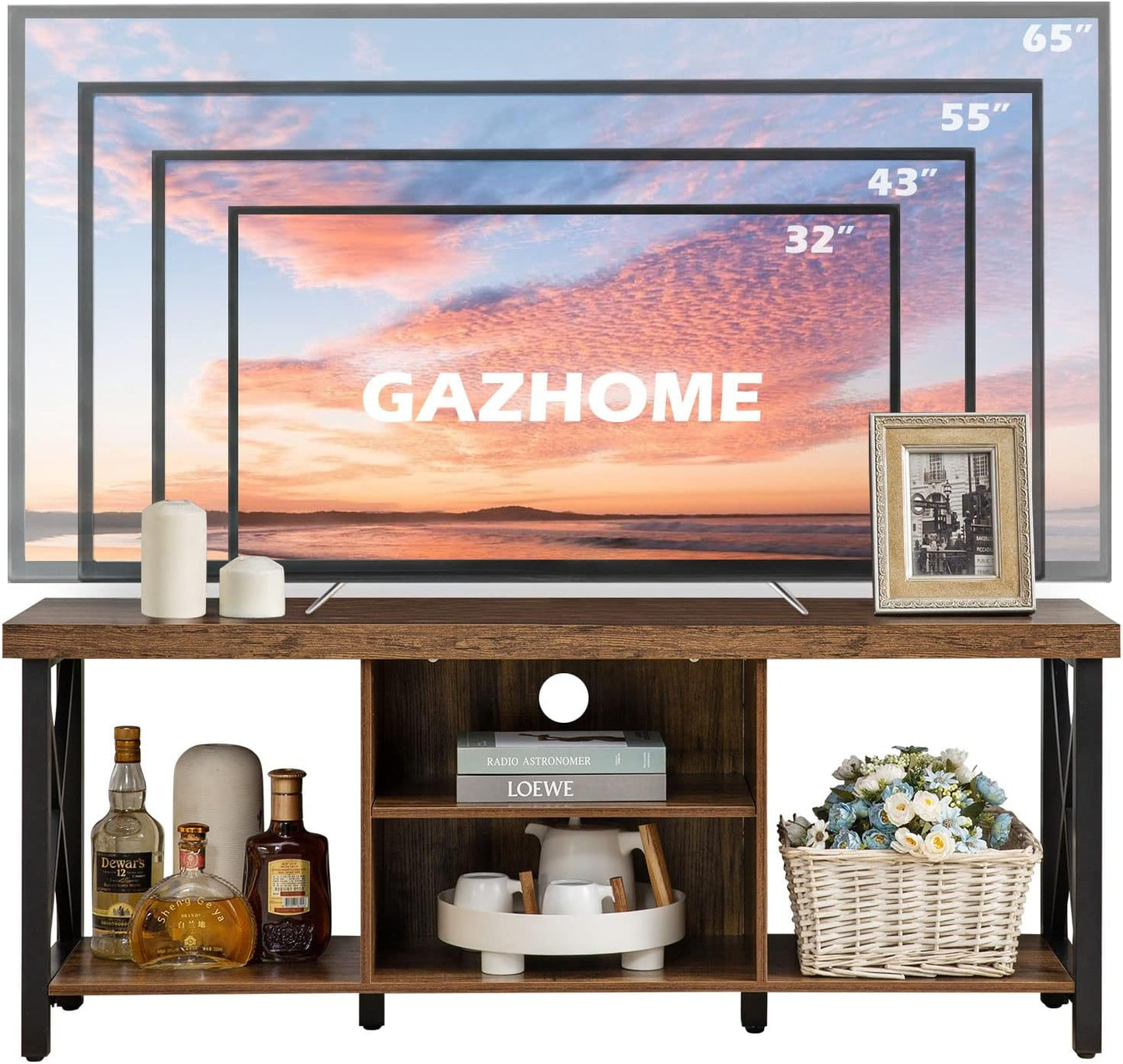 GAZHOME TV Stand for TV up to 55 Inches, TV Cabinet with Open Storage, TV Console Unit with Shelving for Living Room, Entertainment Room, Rustic Brown