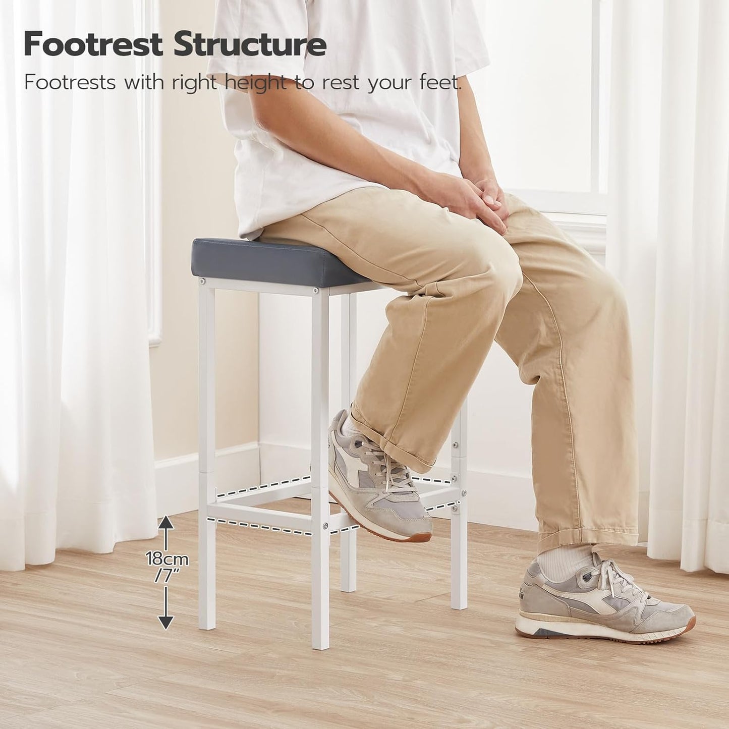 HOOBRO Bar Stools, Set of 2 Counter Height Saddle Chairs, 24.8 Inches, 2.4" Thick Upholstery, White and Gray WG10BY01