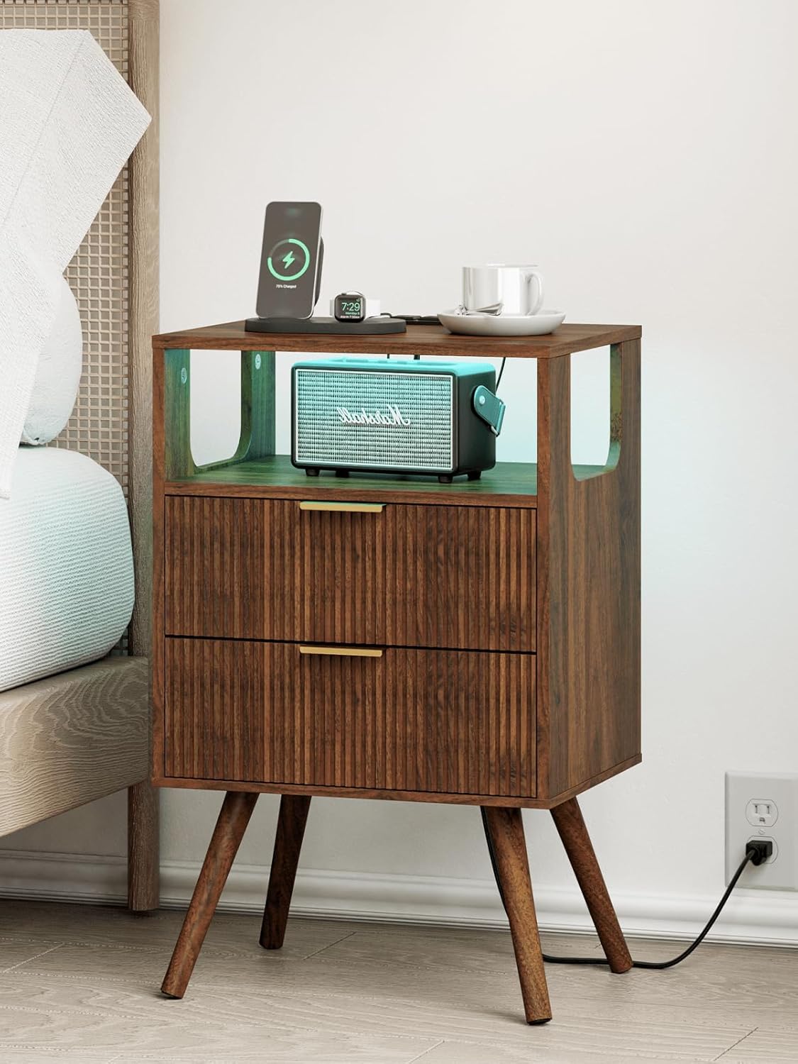 Nightstand, Modern Bedside Table with 2 Storage Drawer and Open Wood Shelf for Bedroom and Small Spaces, Night Stand with Solid Wood Legs (Walnut Brown-Outlet)