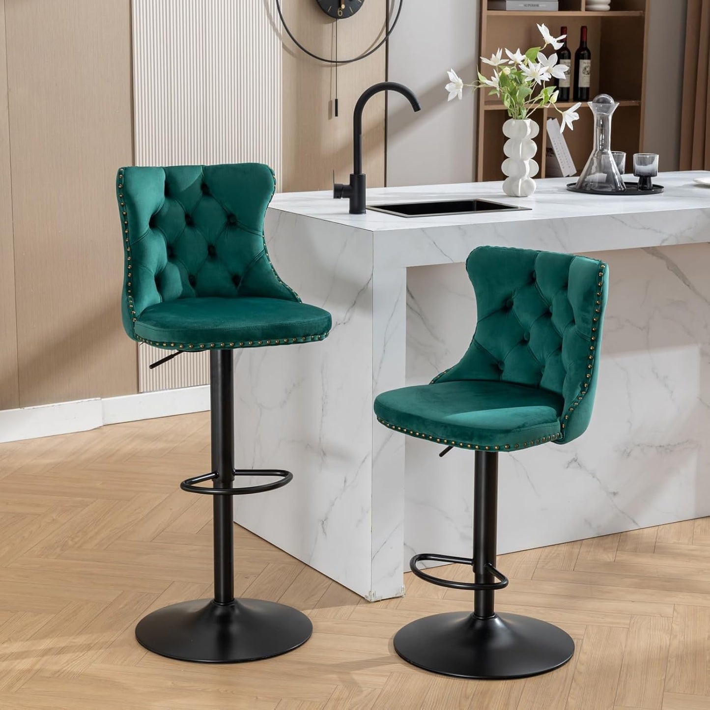 PacknWood Acosure Swivel Velvet Bar Stools Adjusatble Seat Height from 25-33" with 17.7" Base, Modern Upholstered Chairs W/Backs Comfortable Tufted,for Home Pub,Kitchen,Green,Set of 2