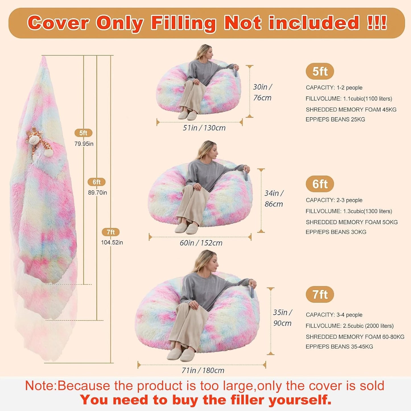 6FT Fur Comfy Bean Bag Cover for Living Room(No Filler), Big Fluffy Stuffed Animal Storage Bean Bag Chair Cover Rainbow, Furry Fuzzy Bean Bag Cover for Adults Kids Girls, Anti-Slip, Colorful