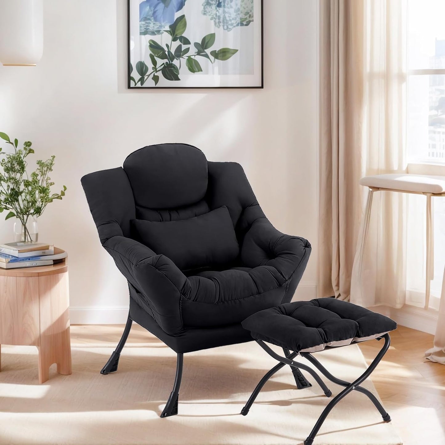 Lazy Chair with Ottoman, Comfy Fabric Accent Lounge Arm Chair with Lumbar Pillow and Folding Footrest, Reading Leisure Sofa Chair for Bedroom, Living Room, Dorm,Black