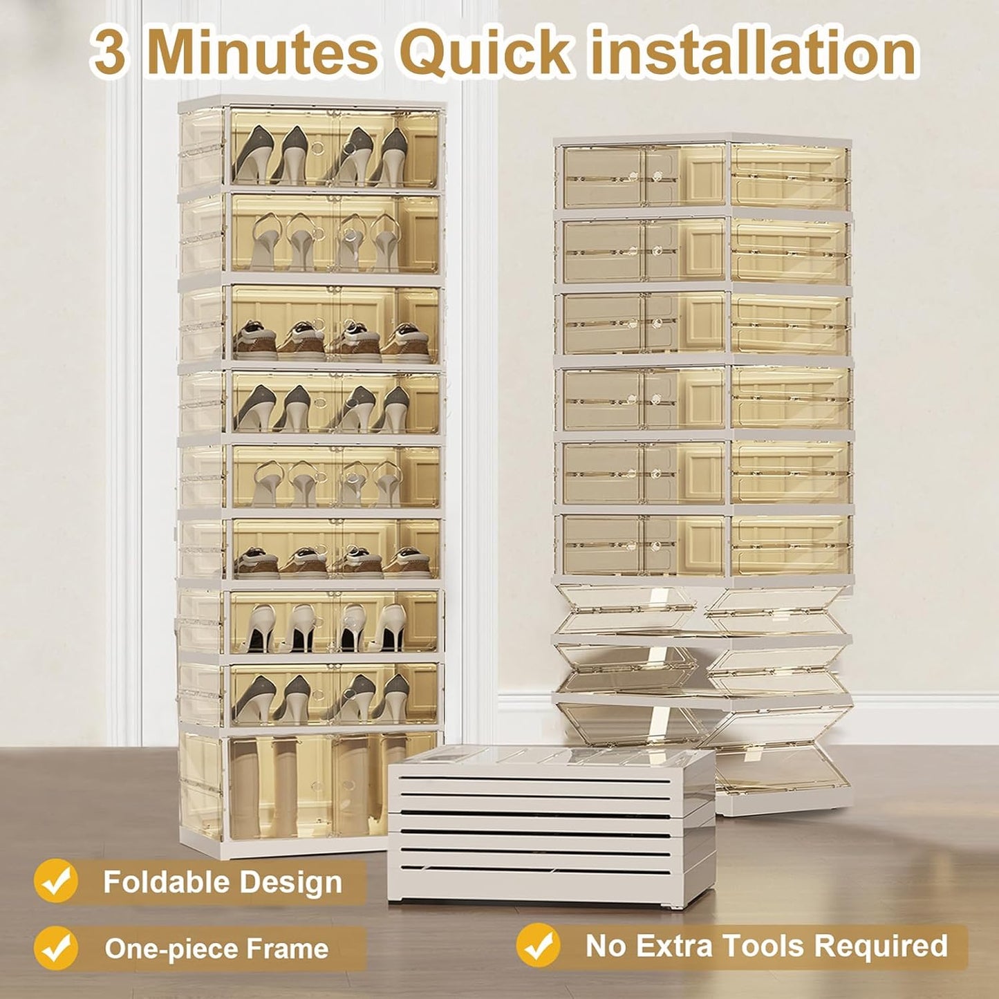 ELPHECO 9 Tier 18 Pairs Plastic Shoe Rack - Clear Foldable Shoe Organizer, Folding Entryway Shoe Cabinet, Collapsible Sneaker with Magnetic Doors, Stackable Shoe Shelf,Three-Sided Clear Shoe Box