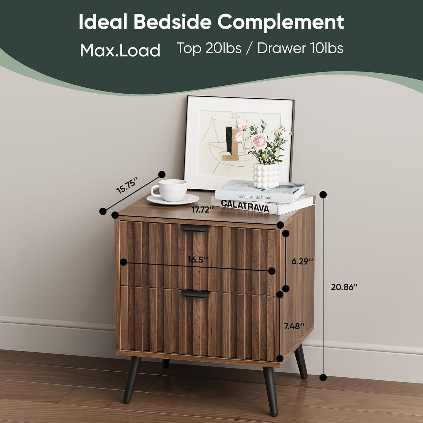 Nightstands, Walnut Fluted Night Stand, Mid Century Modern Nightstand, Bedside Table with Seamless Slatted Drawer, End Tables Bedroom with Metal Legs, Night Stand for Bedroom