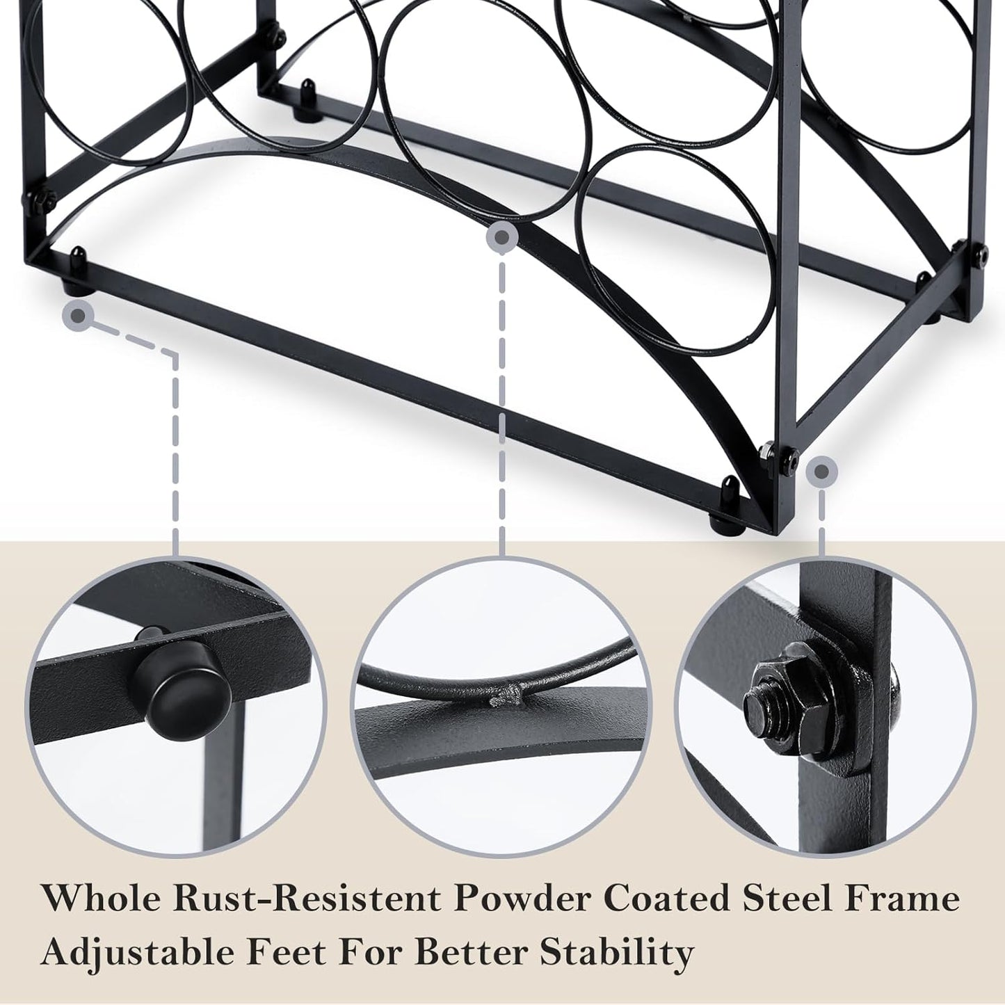 NOBLEMOOD 8 Bottles Countertop Wine Rack, Metal Tabletop Wine Bottles Holder with Top Storage Basket, Small Wine Rack Stand with Tray, Adjustable Feet for Home Kitchen Counter Dining Room