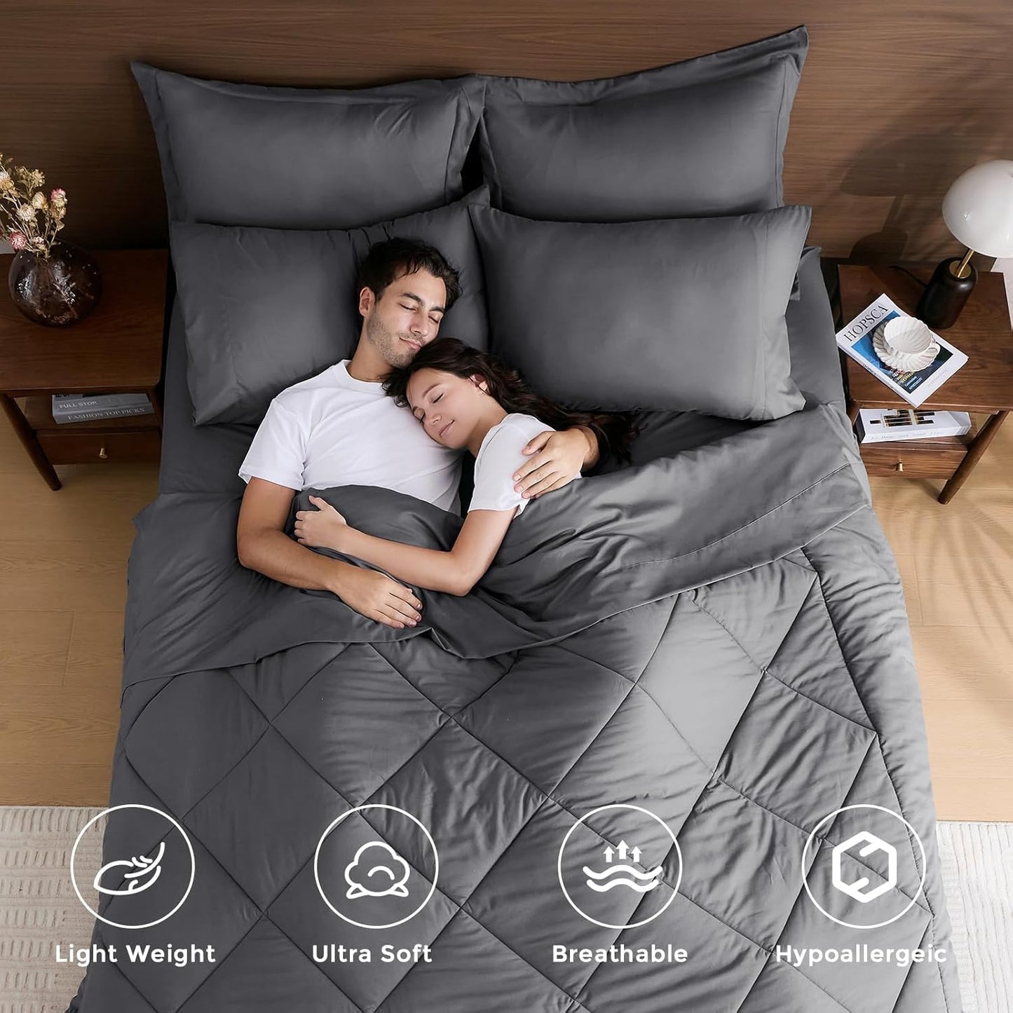 HEVUMYI Oversized Queen Comforter Set Dark Grey - 7-Piece All Season Bed in a Bag Oversized Queen, Soft Bedding Set with Comforter, Flat Sheet, Deep Pocket Fitted Sheet, Pillowcases, Pillow Shams