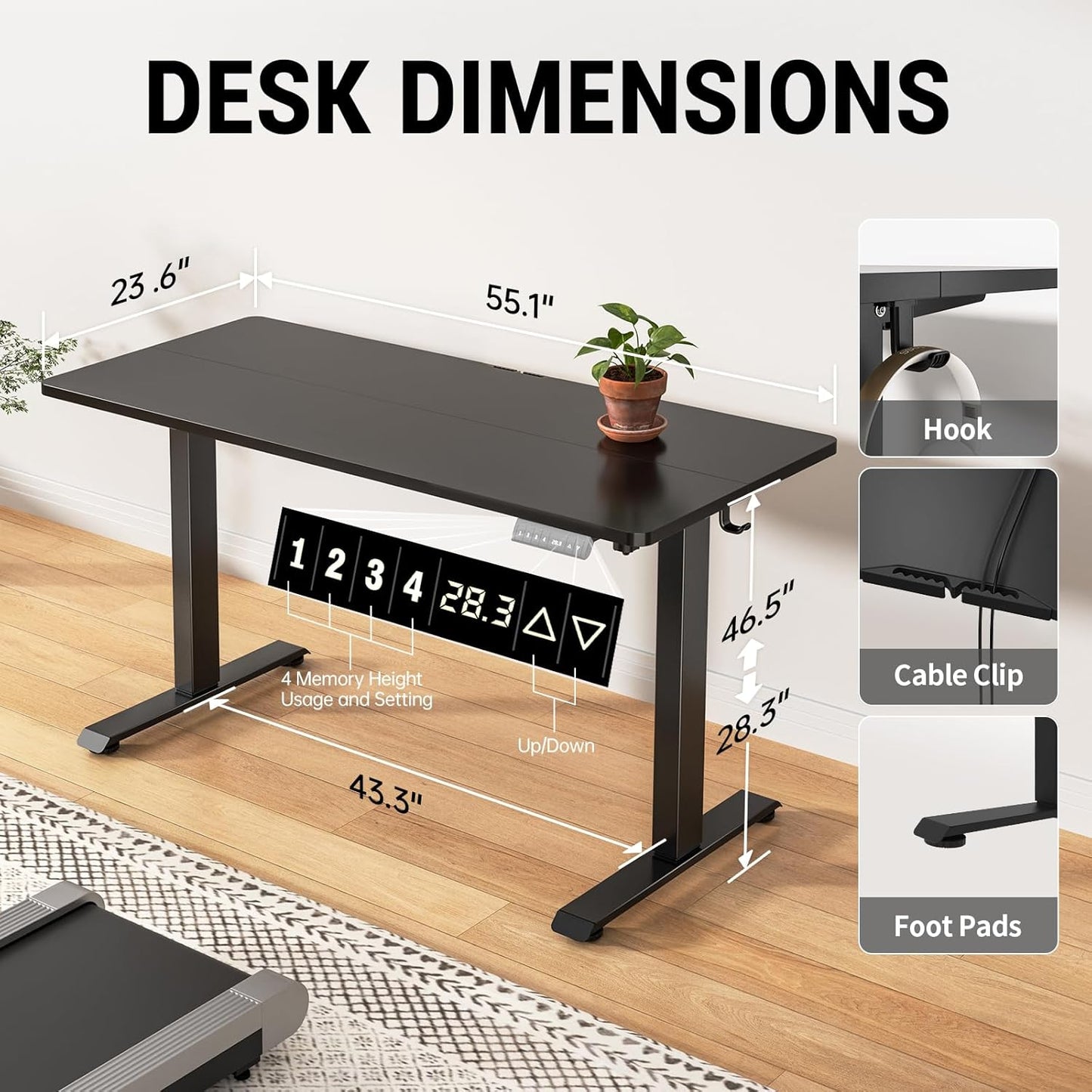 Veken 55 Inch Large Electric Standing Desk, 4 Memory Heights Adjustable,Sit to Stand Up, Work Home Office Computer Table for Study, Walking Pad, Writing, and Games, Wooden Desktop Desks, Black