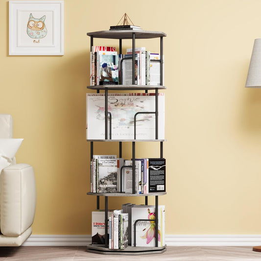 4 Tier Rotating Bookshelf, 360 Display Round Spinning Bookshelf Tower for Kids Room, Corner Shelf for Living Room, Office, Bedroom, Black