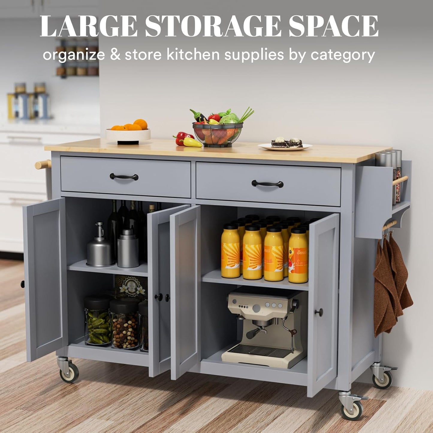 Rovibek Large Kitchen Island on Wheels with Storage 54 in Width Mobile Moveable Portable Rolling Wood Islandfor Kitchen Dining Room with Drawers Cabinet Spice Rack Towel Rack